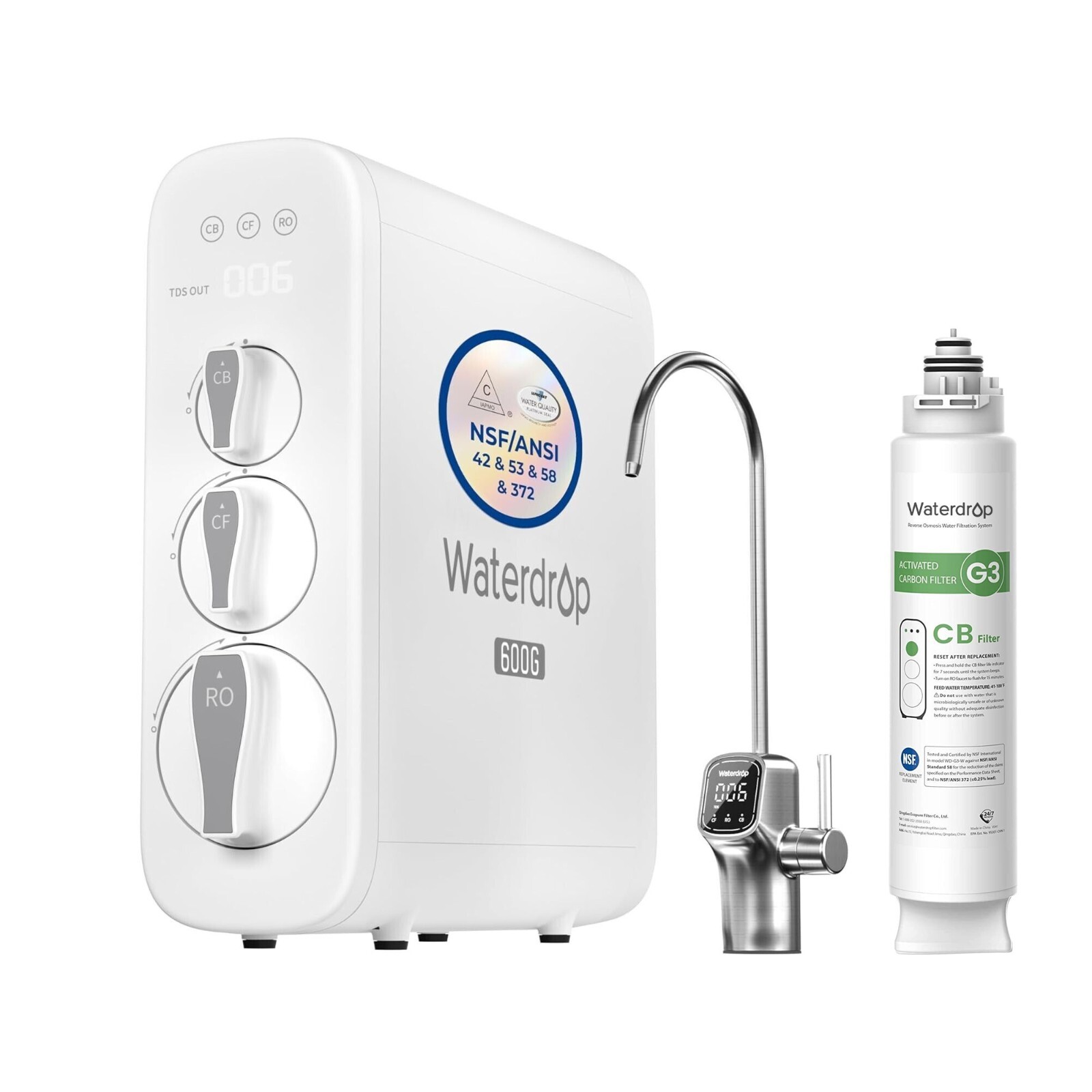 Waterdrop G3P600 Reverse Osmosis System, NSF/ANSI 58 & 372 Certified,with 1 N3CB