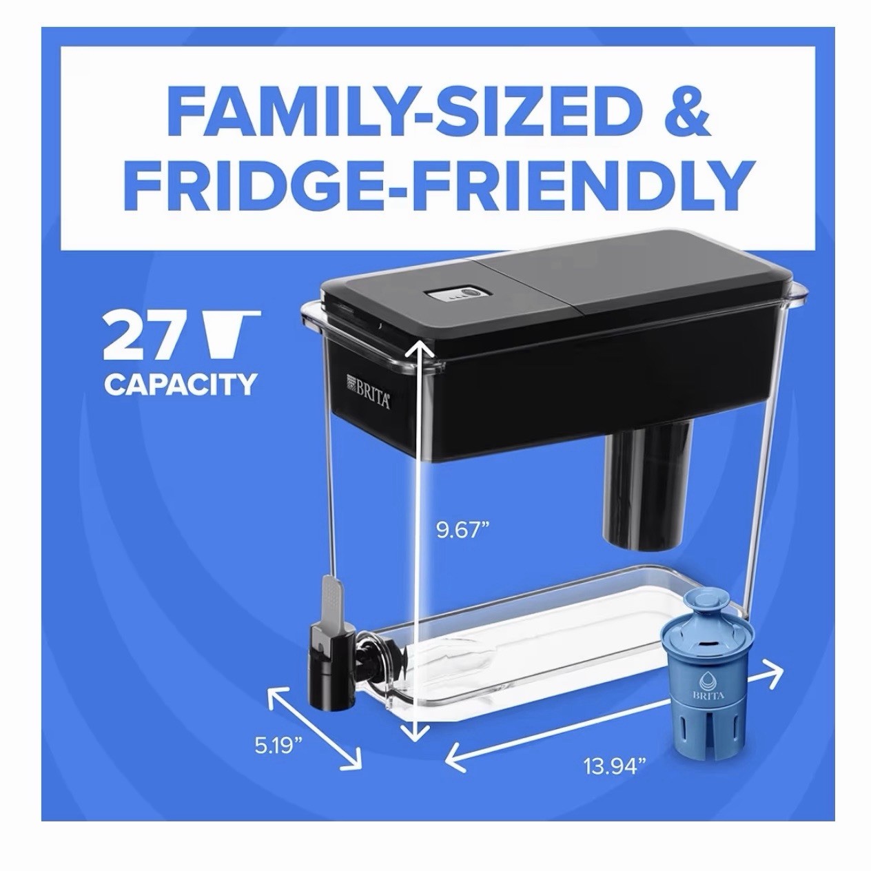 BRITA Elite 27-Cup Water Filter Dispenser, Carbon Filtration, Black/Clear