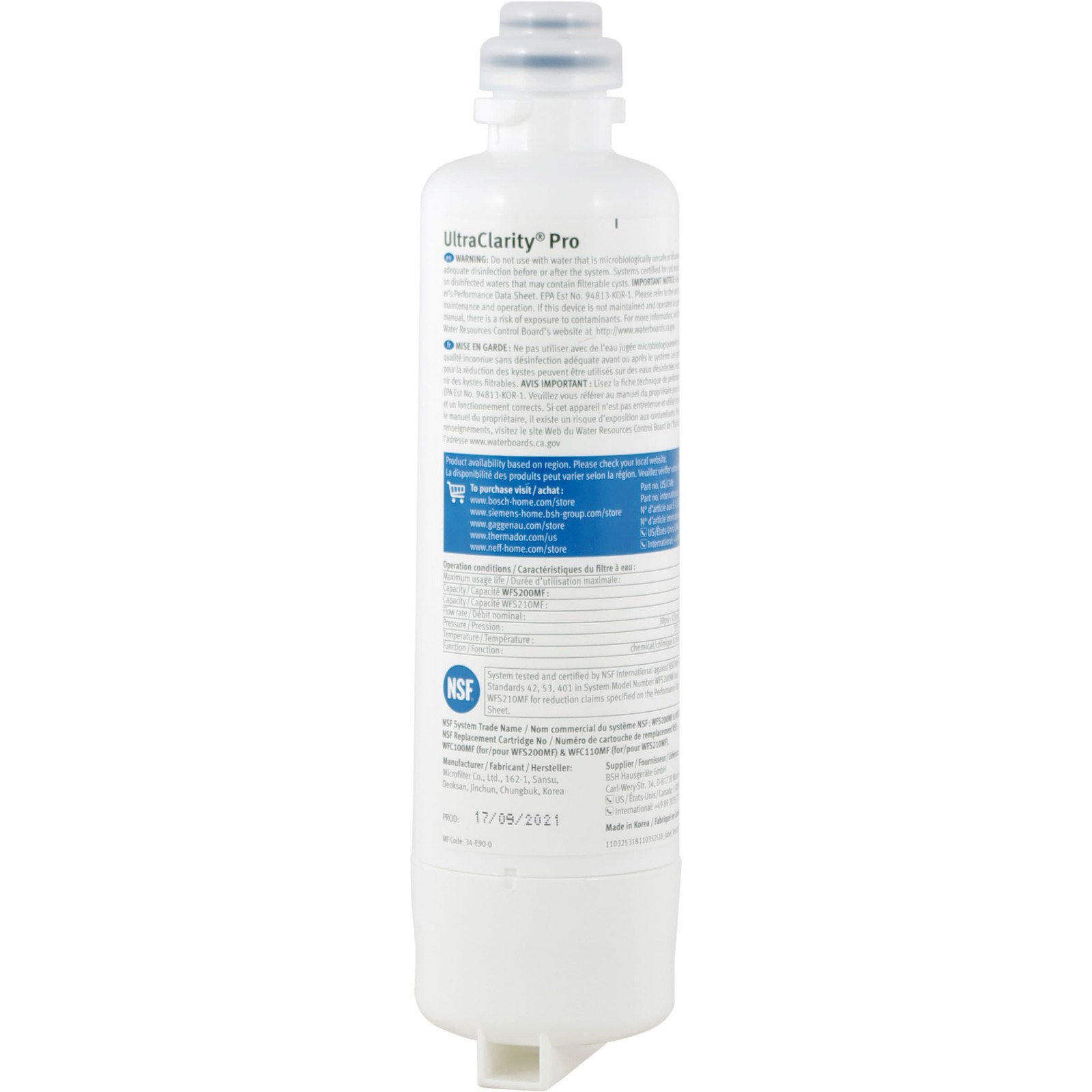 Bosch UltraClarity Pro Refrigerator Water Filter 11032531 BORPLFTR55 New Sealed