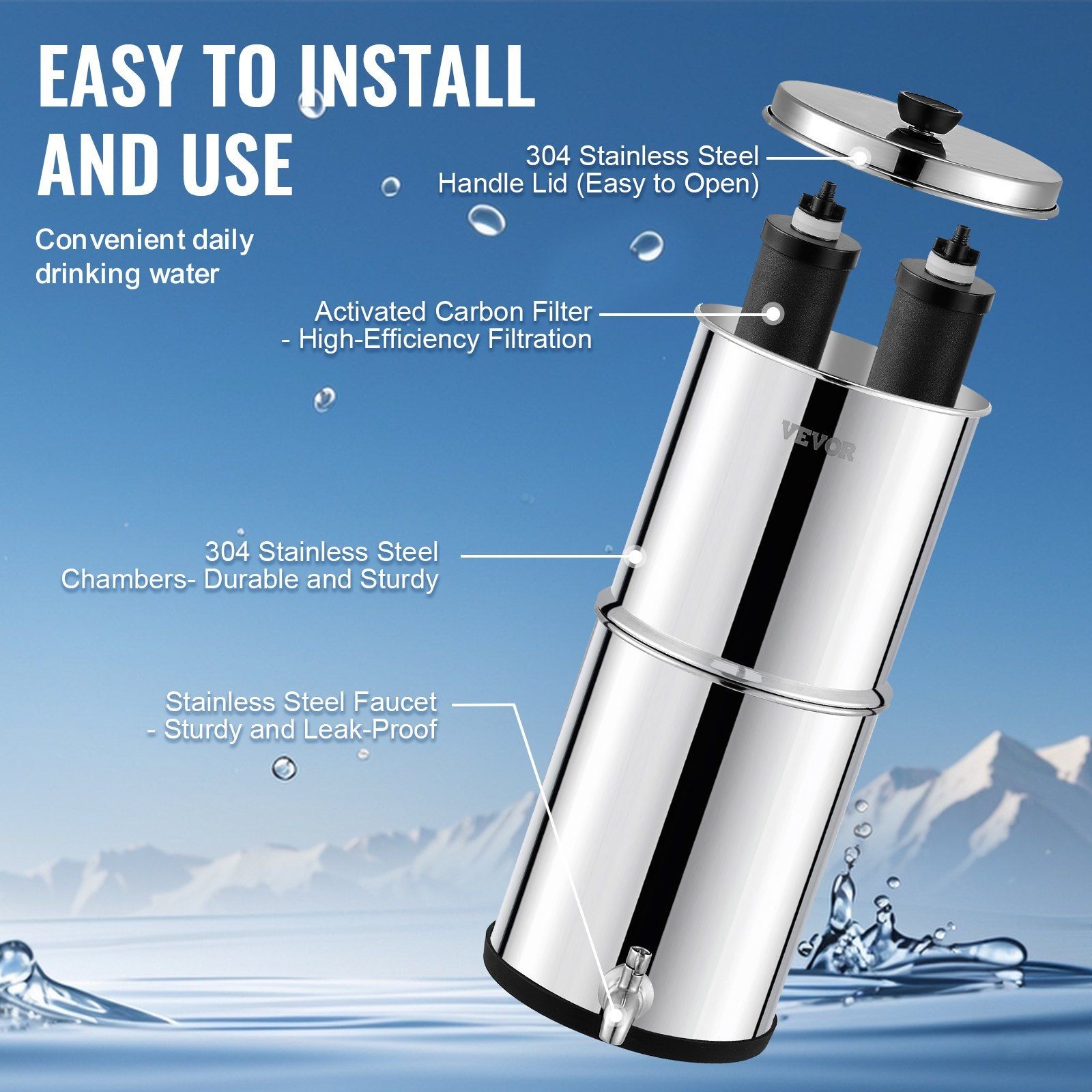 2.25G Portable Gravity-fed Water Filter 304 Stainless Steel w/2 Carbon Filters