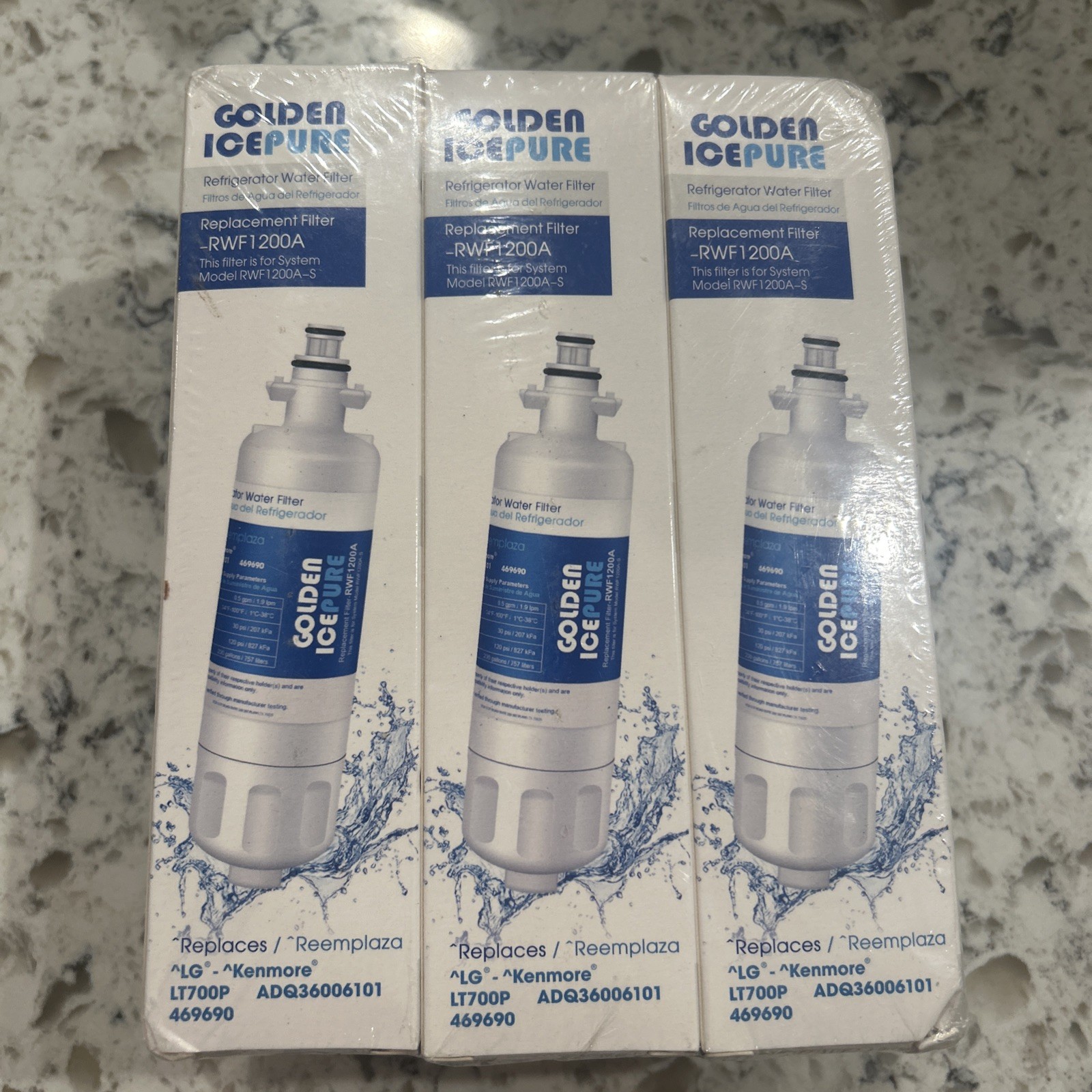 3 Golden Icepure RWF1200A Water Filters & 3 GP-AF004 Air Filters LG Kenmore