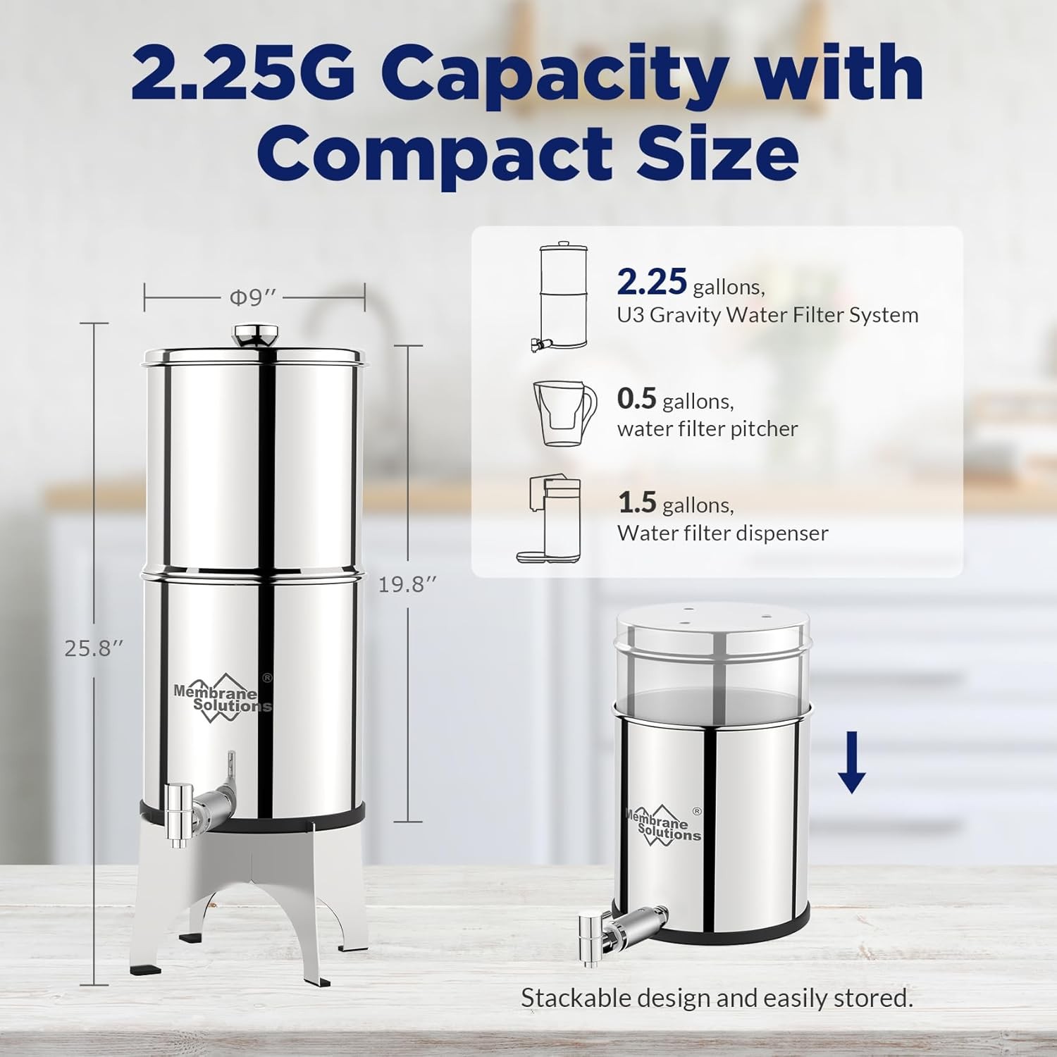 WaKiWaKi Gravity-fed Water Filter System, Metal Spigot & Stand, with 3 Filters