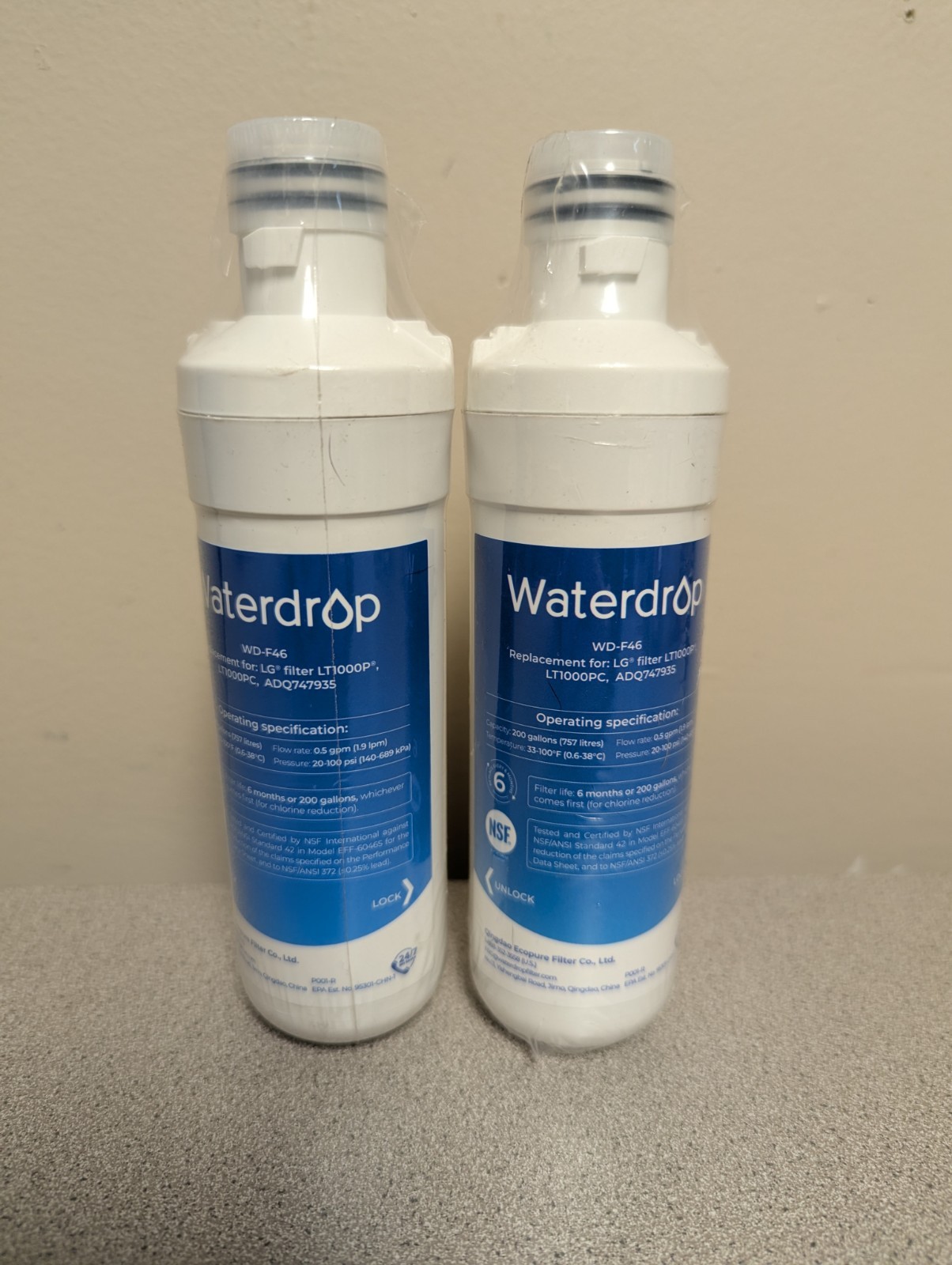 2 Pack Waterdrop Replacement Refrigerator Water Filter WD-F46 for LG