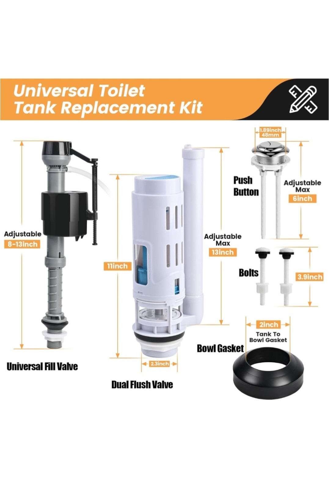 2 Inch Toilet Dual Flush Valve, Fill Valve, Push Button. Toilet Repair Kit, …