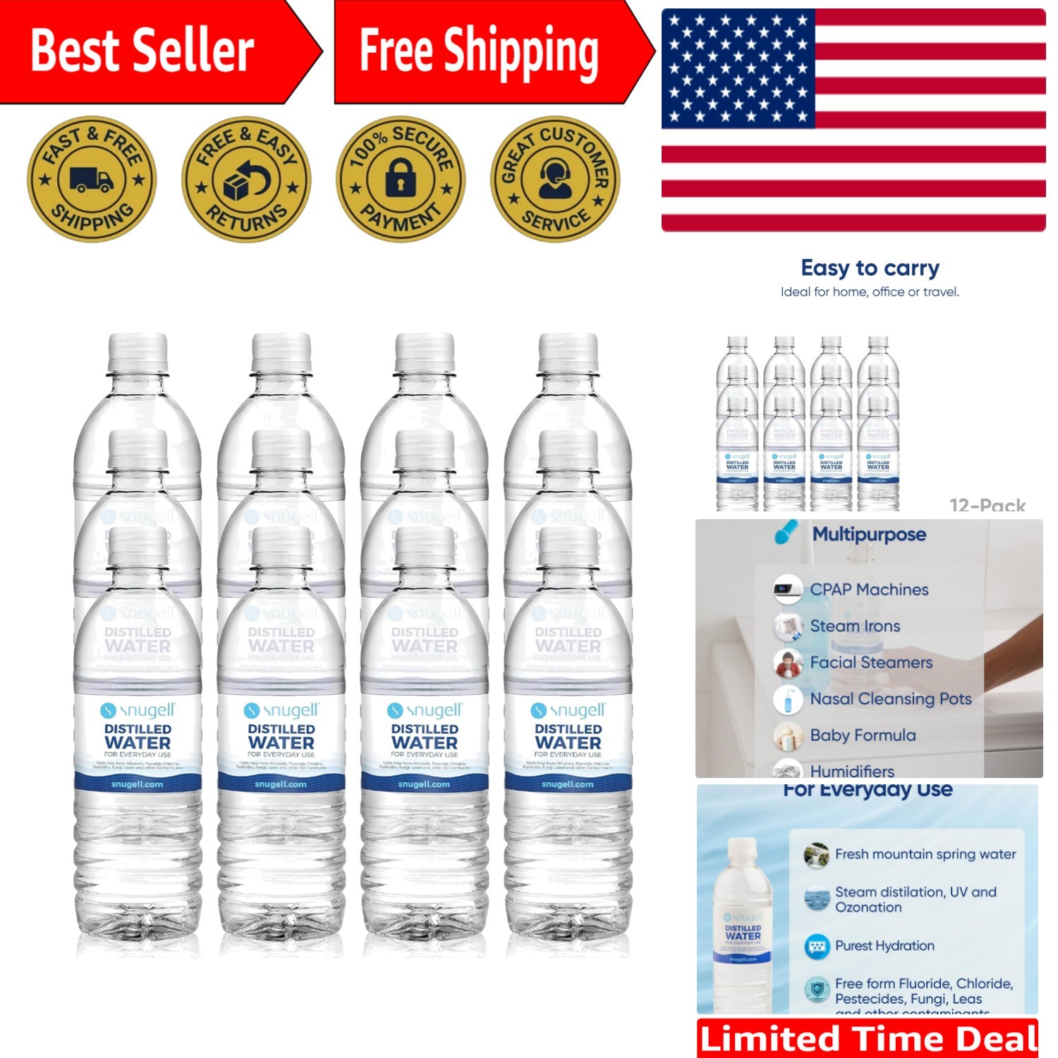 Travel-Friendly 12-Pack Distilled Water – 16.9 oz Bottles, Pure Hydration