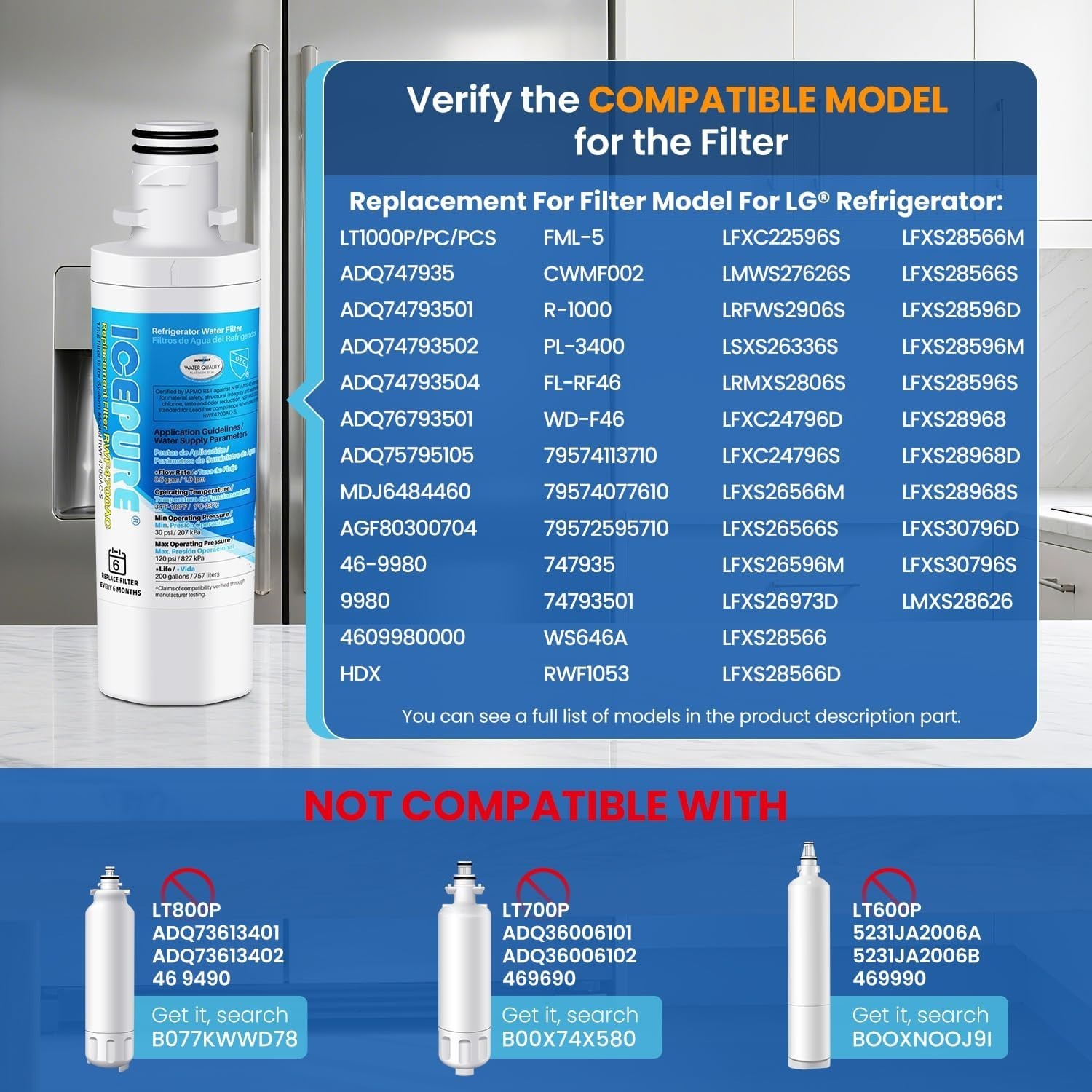 2PK ICEPURE RWF4700AC Water Filter for LG LT1000P ADQ747935 ADQ74793502 469980