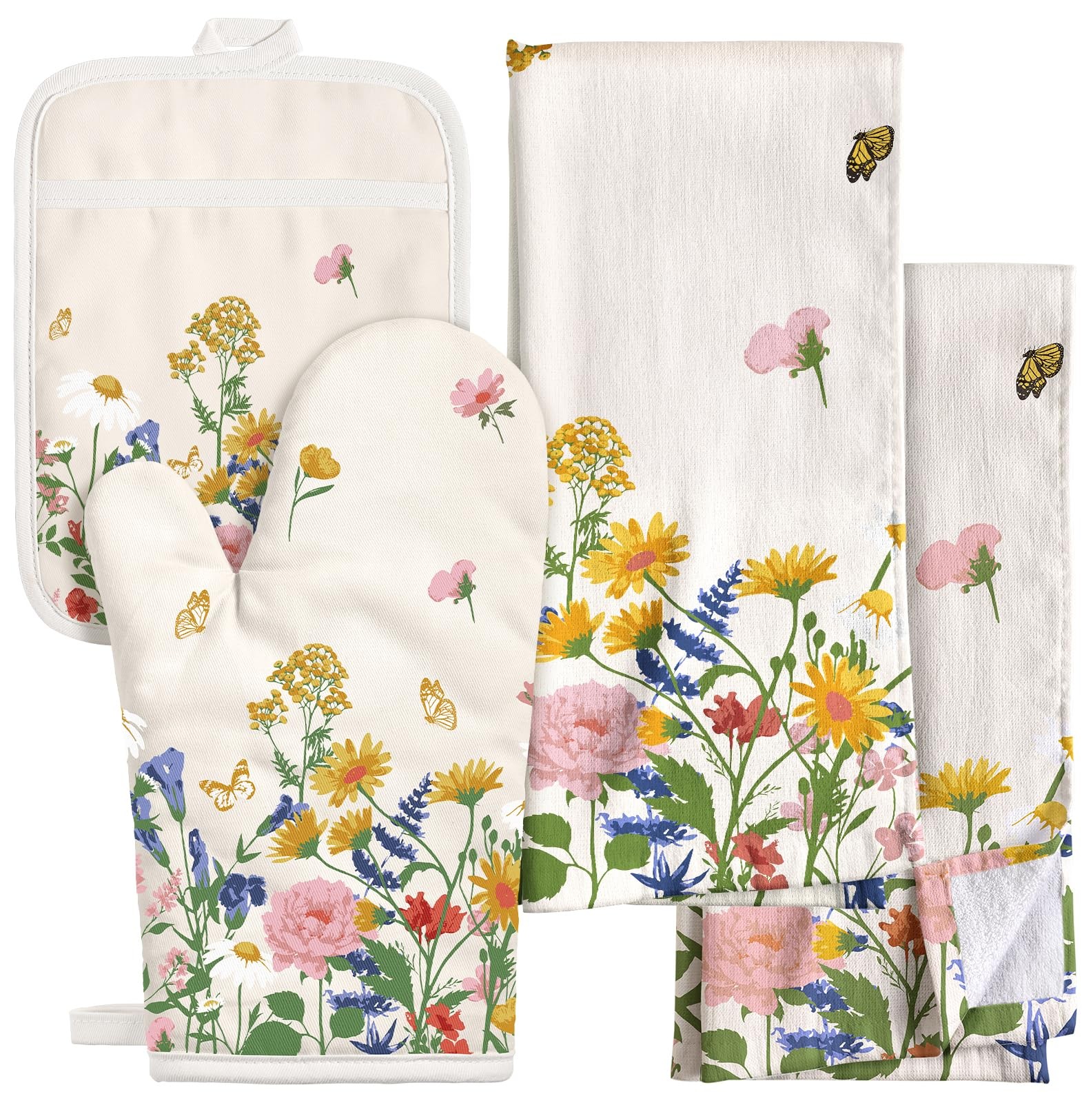 Miss Adola 270 GSM Cotton Kitchen Towels, Oven Mitt One Size, Retro Flower
