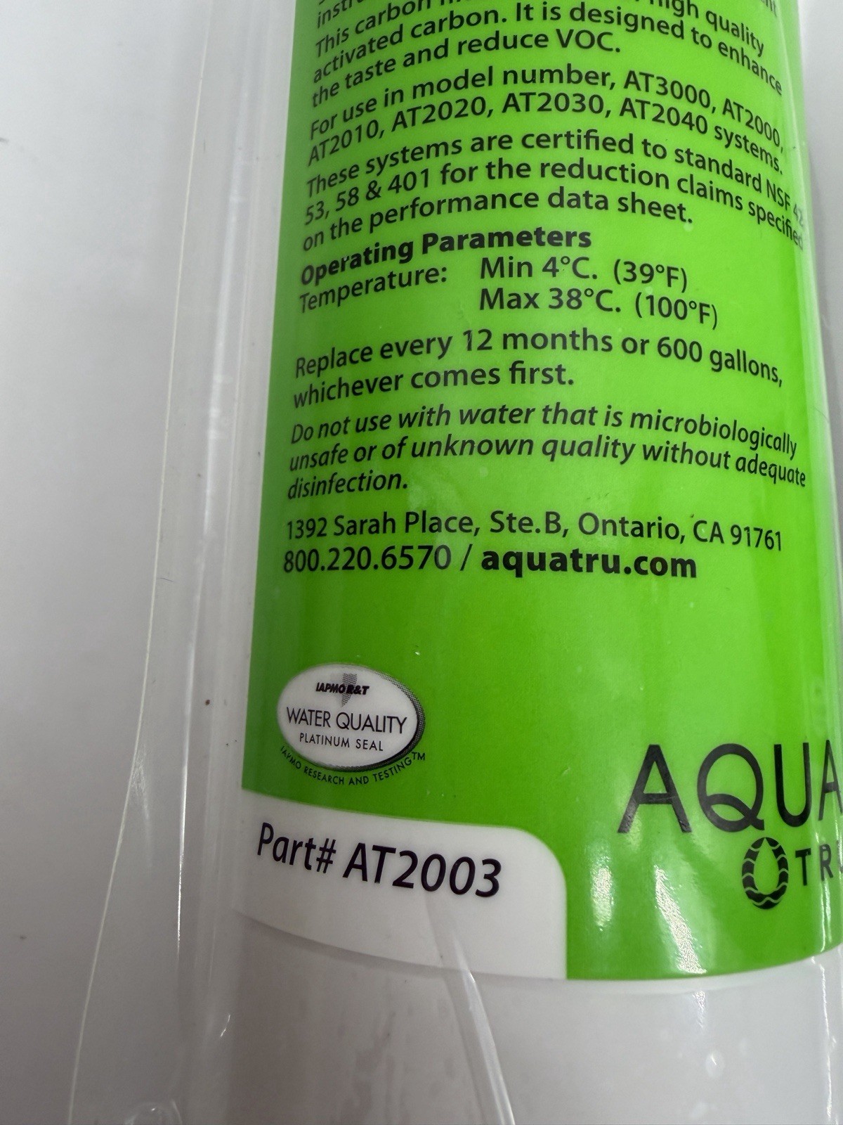 AquaTru VOC Carbon Filter Stage 4 Filter # AT2003 New Sealed In Box (Lot Of 2)