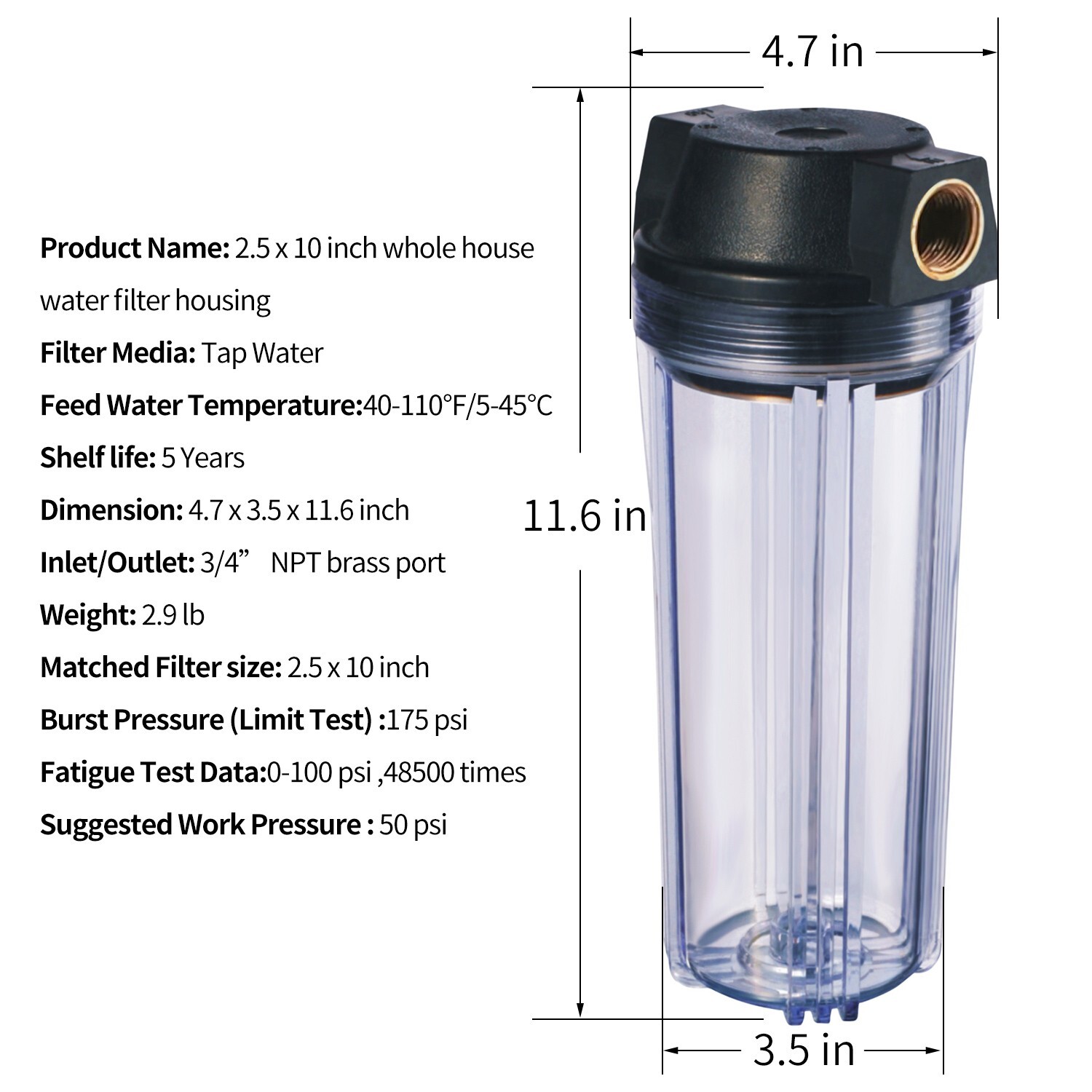 Geekpure Whole House Water Filter Housing 3/4″NPT Brass Fit 10″ x 2.5″-Clear
