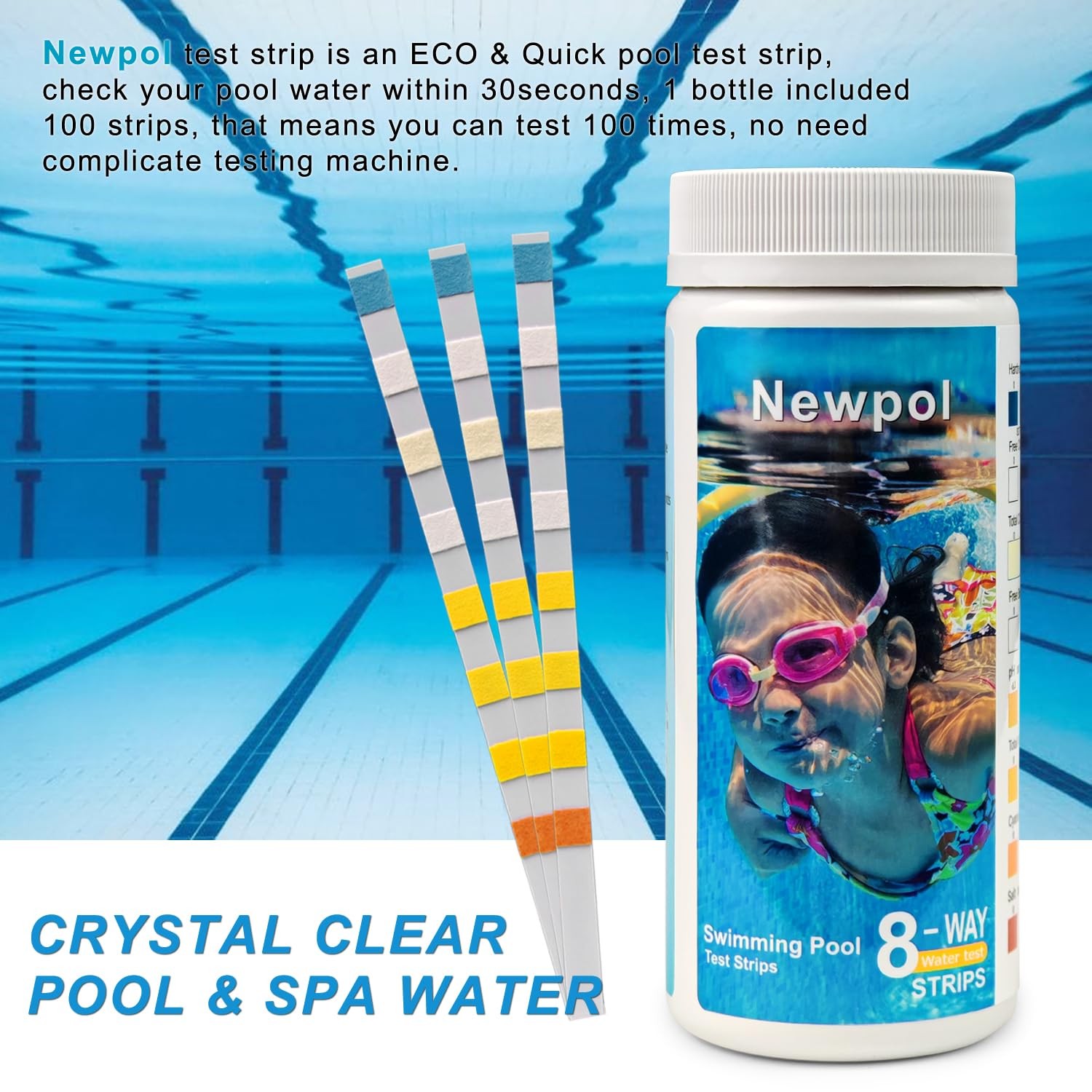 Newpol 8-in-1 Pool Test Strips, 100 Strips Water Testing for Swimming Pool,…