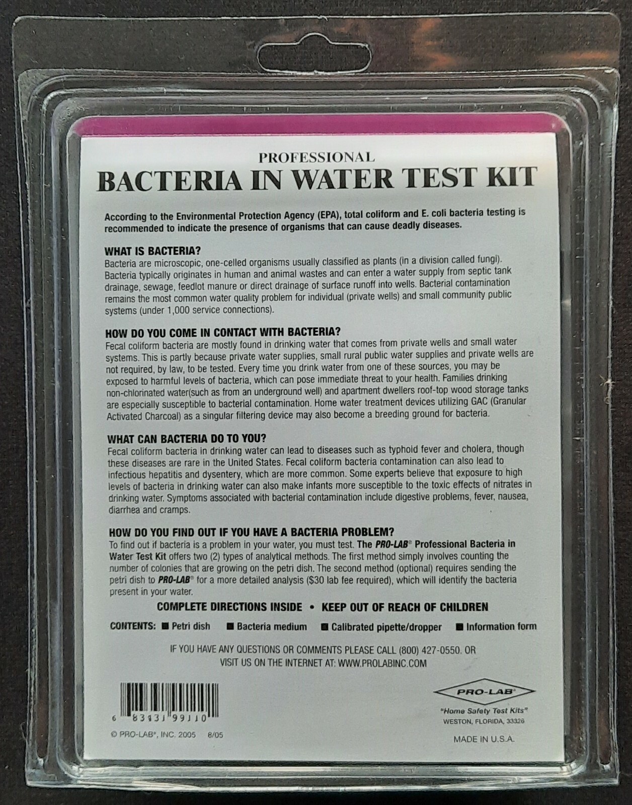 PRO-LAB BACTERIA IN WATER-DO IT YOURSELF TEST KIT – NEW From 2005