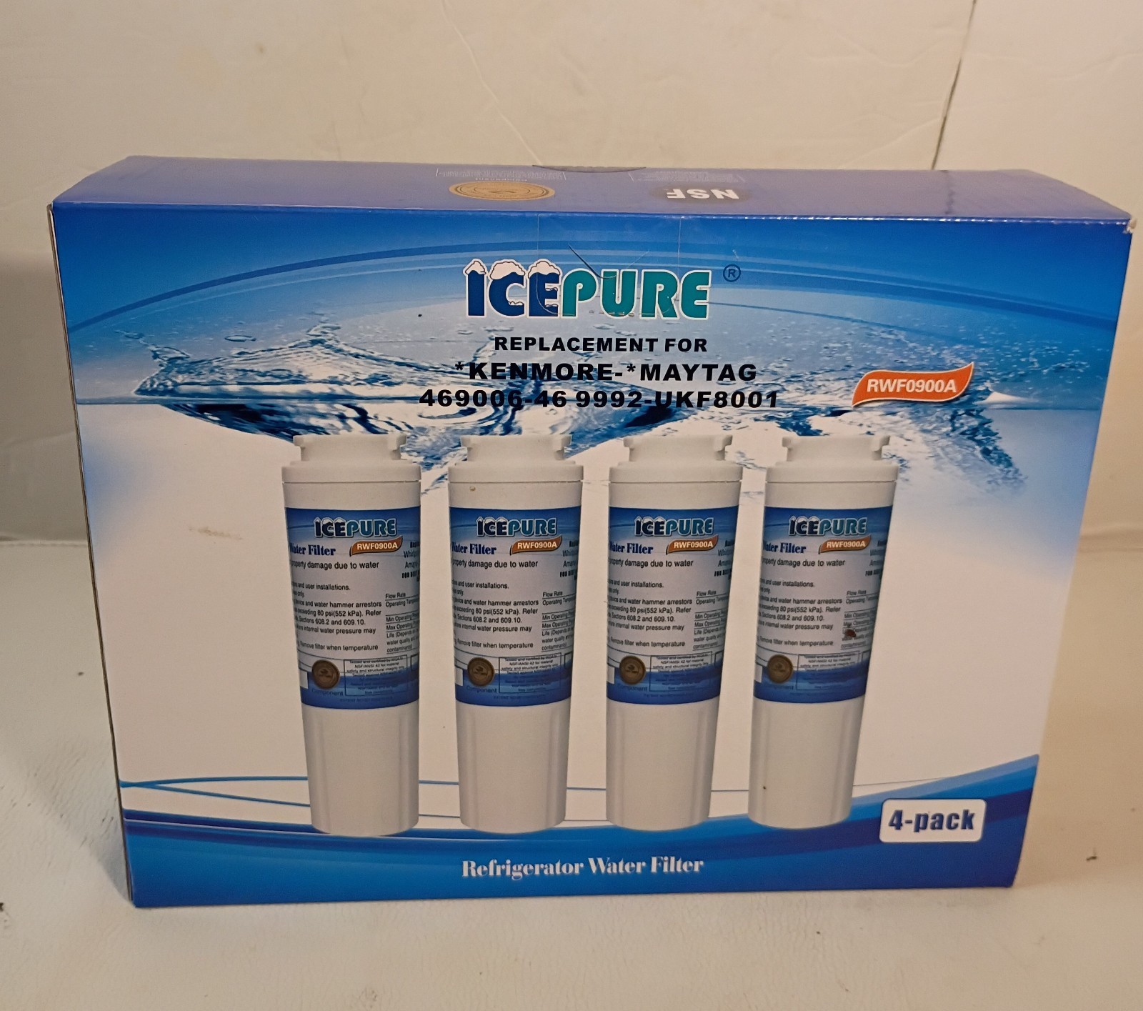 IcePure RWF0900A Refrigerator Water Filter Blue/White 4 Pack Kenmore Maytag New