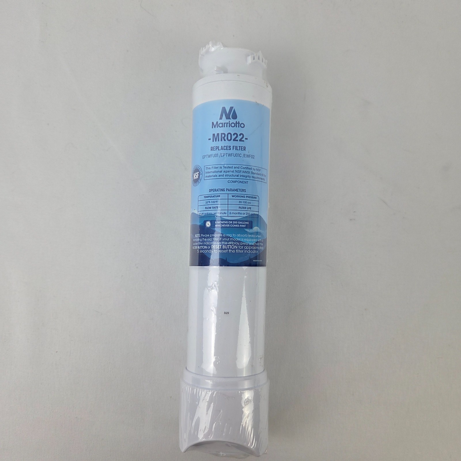 Marriotto MR022 Refrigerator Water Filter Replacement. Sealed