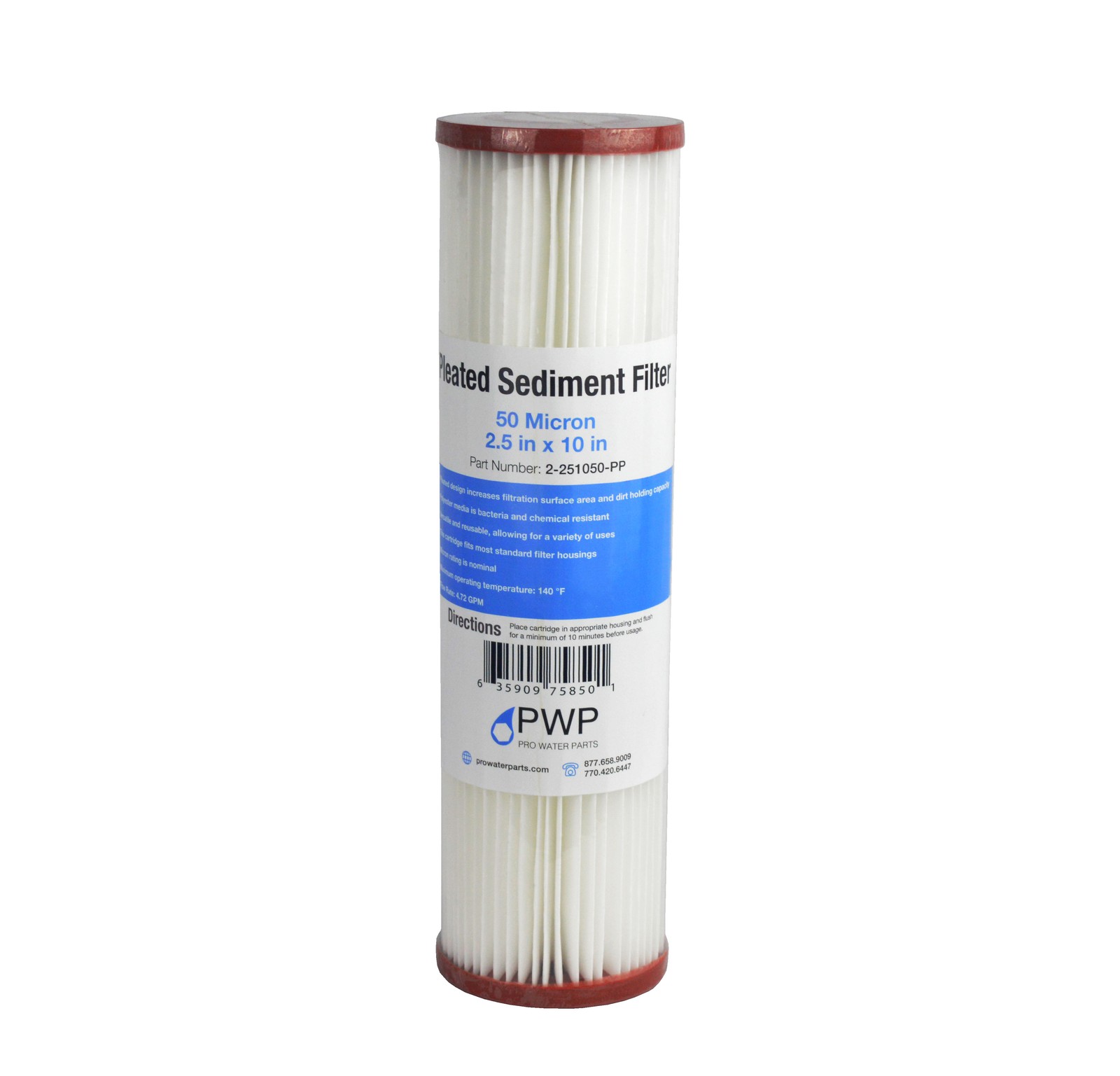 Pleated Poly Sediment Water Filter Cartridge Standard 2.5×10″ 50 Micron 25 Pack