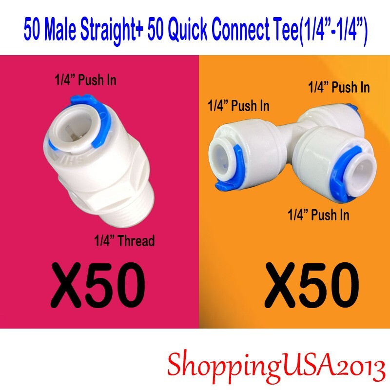 50PCS Thread Male Elbow +50 Quick Connect Tee Union 1/4″-1/4″ Water Filter
