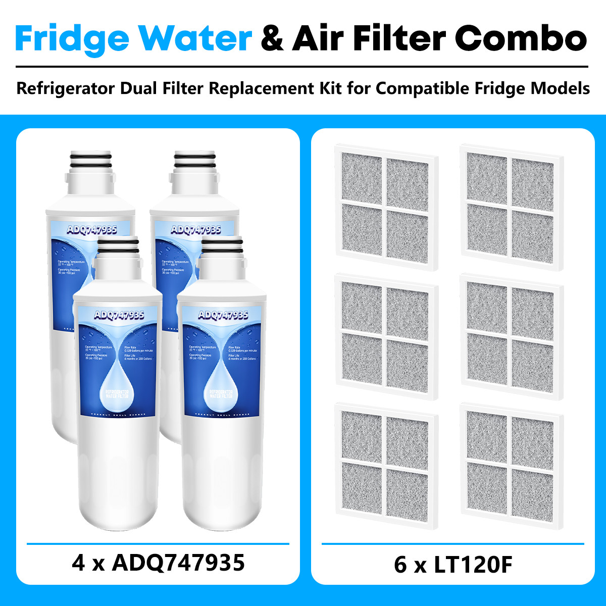 4 Pack GLACIER FRESH LT1000PC Replacement Water Filter w/6 PCS LT120F Air Filter