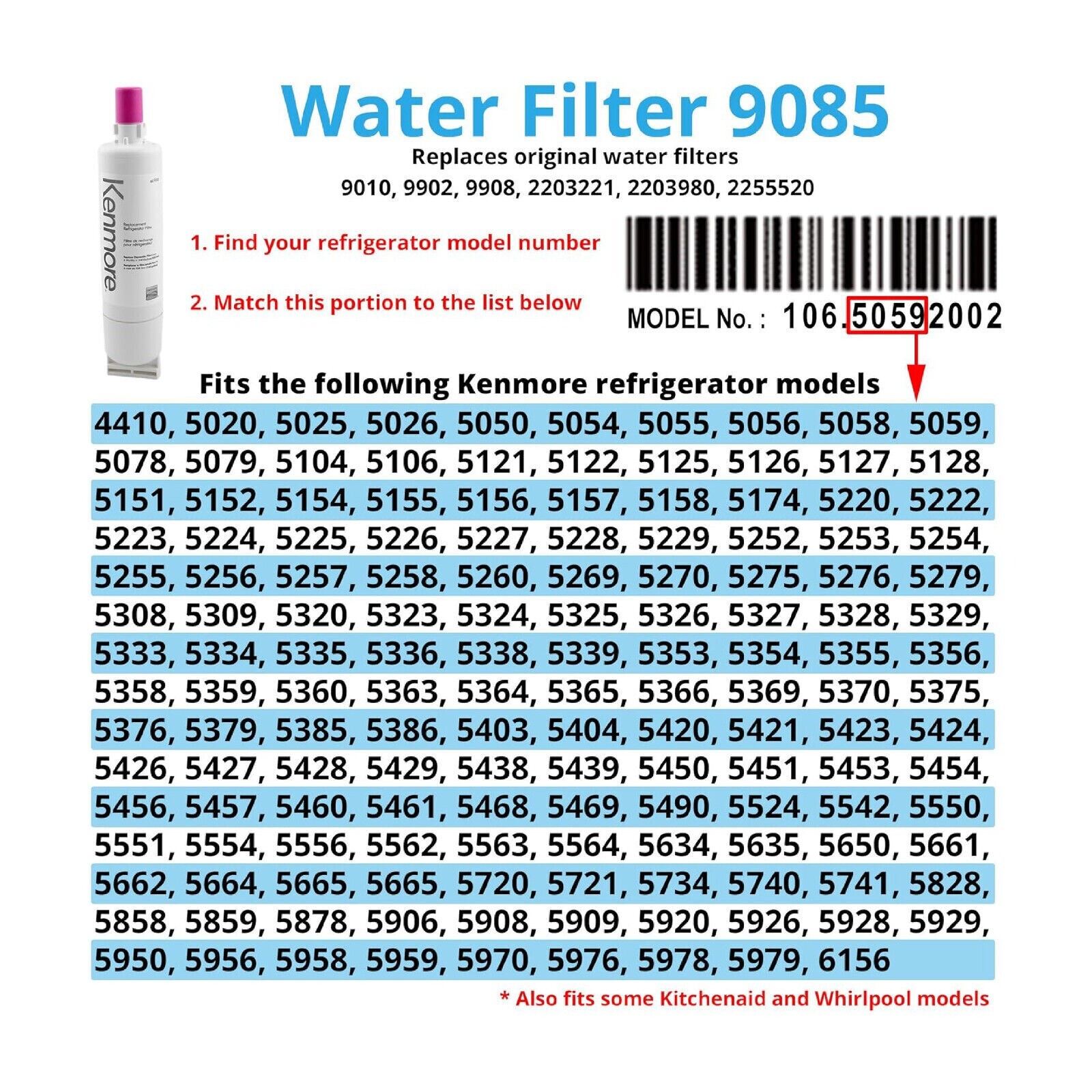Kenmore 9085 469085 Refrigerator Water Filter Replacement Compatible Models
