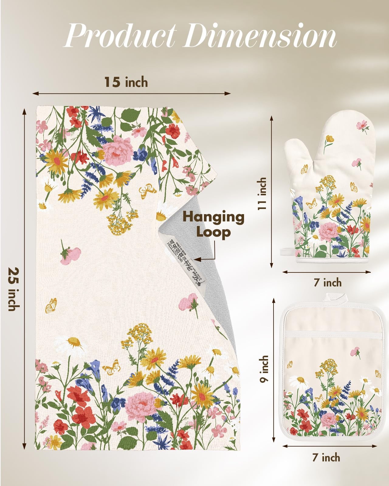 Miss Adola 270 GSM Cotton Kitchen Towels, Oven Mitt One Size, Retro Flower