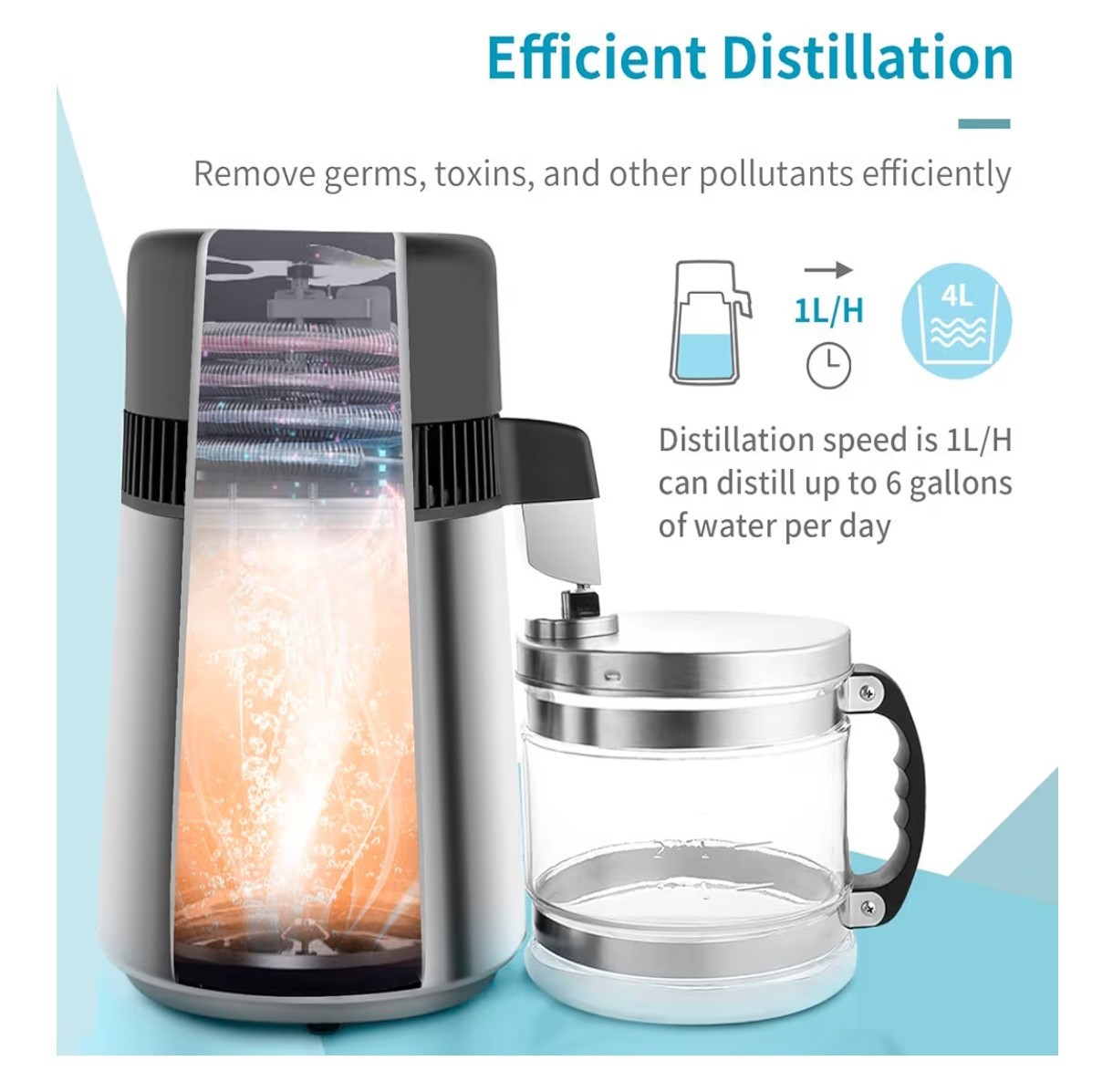 ROVSUN 4L Water Distiller Distilled Water Maker with Glass Container,1L/H Silver
