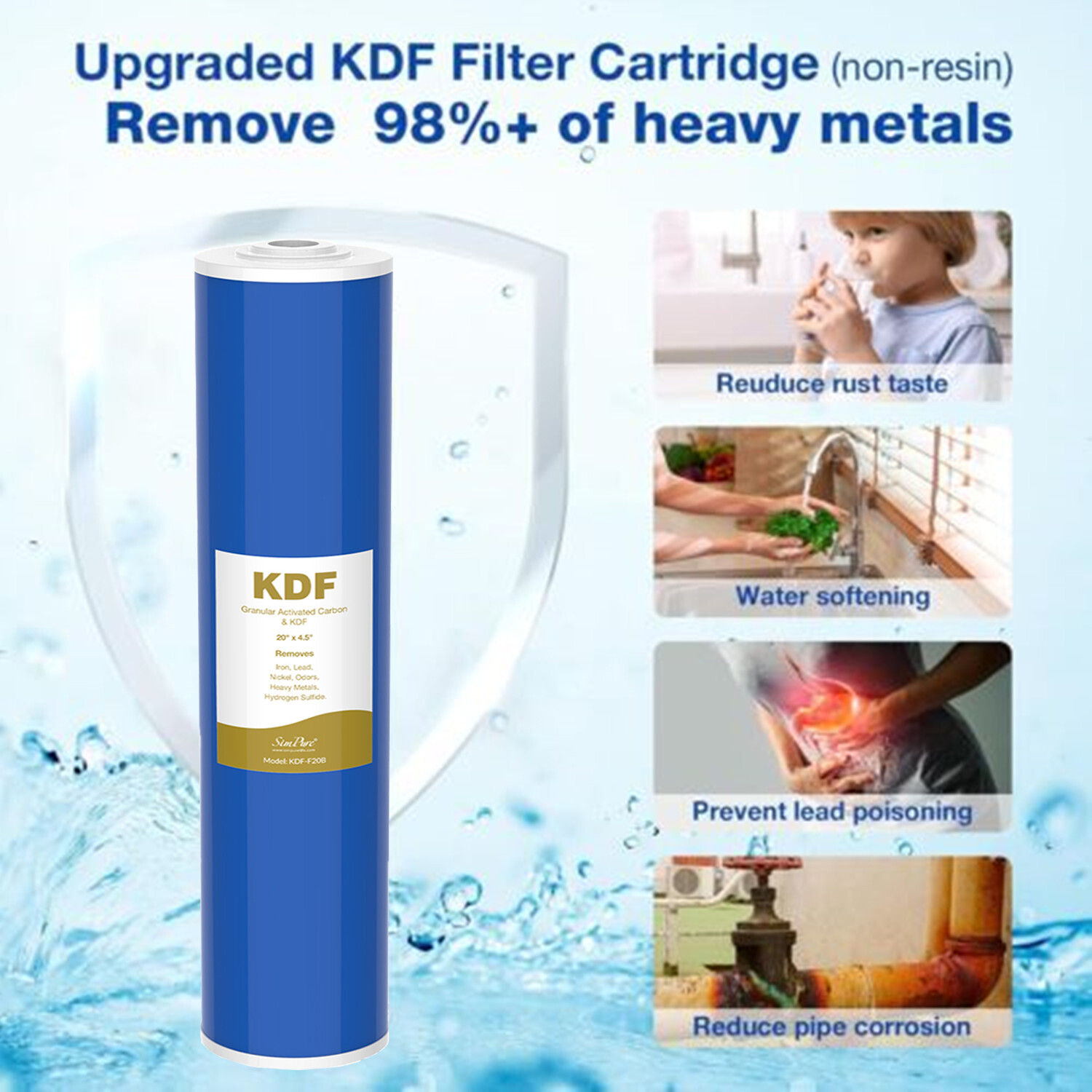20″ x 4.5″ KDF Big Blue Whole House Water Filter System Heavy Metal Filtration