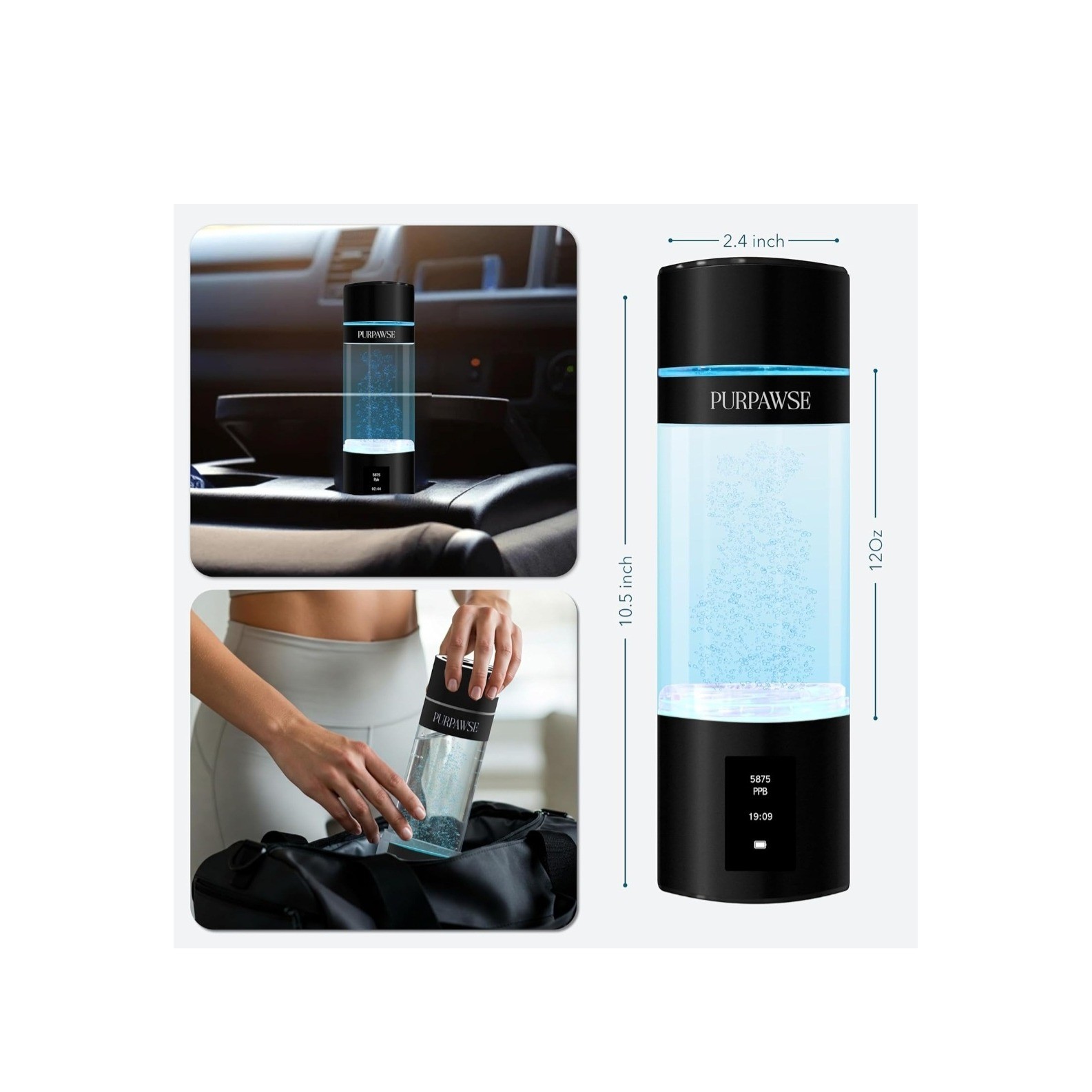 Purpawse Premium Hydrogen Water Bottle 6000 PPB SPE PEM UV Light 7.7oz Sealed