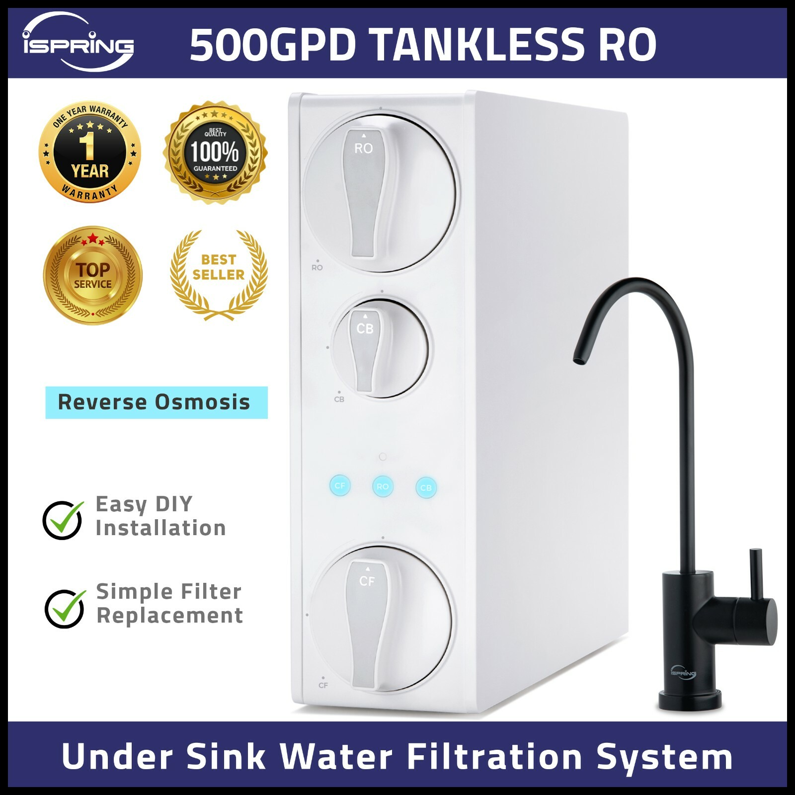 iSpring RO500-ORB NSF Certified Tankless Reverse Osmosis Water Filtration System