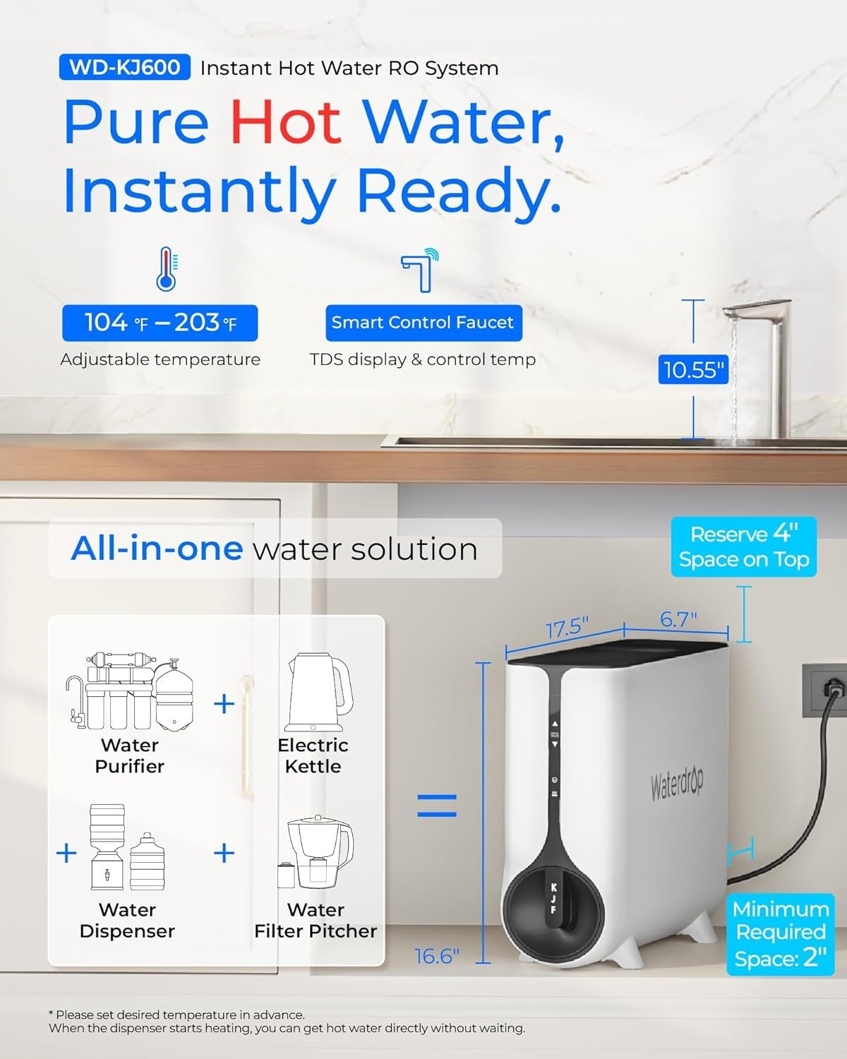 Waterdrop KJ600 Reverse Osmosis System, Instant Hot Water Dispenser, 600 GPD