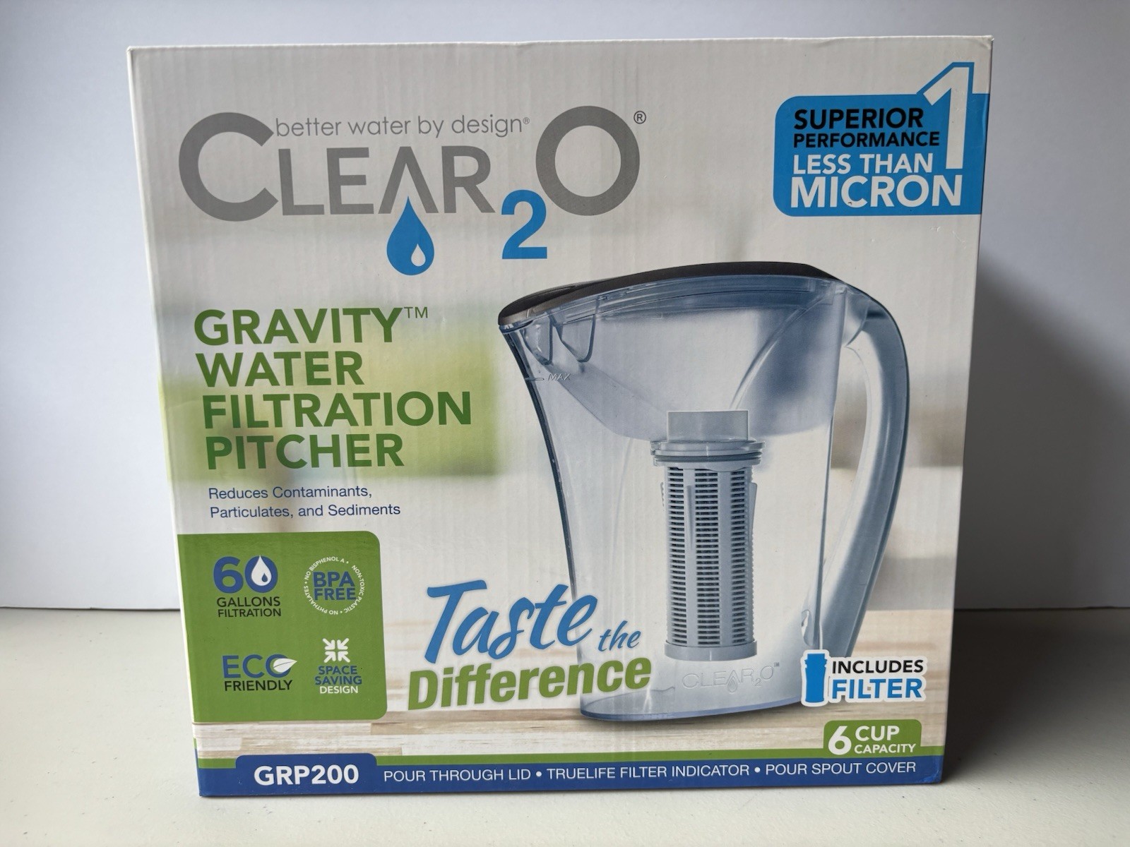NEW CLEAR2O Gravity Water Filtration Pitcher W/ Sealed Filter In Box