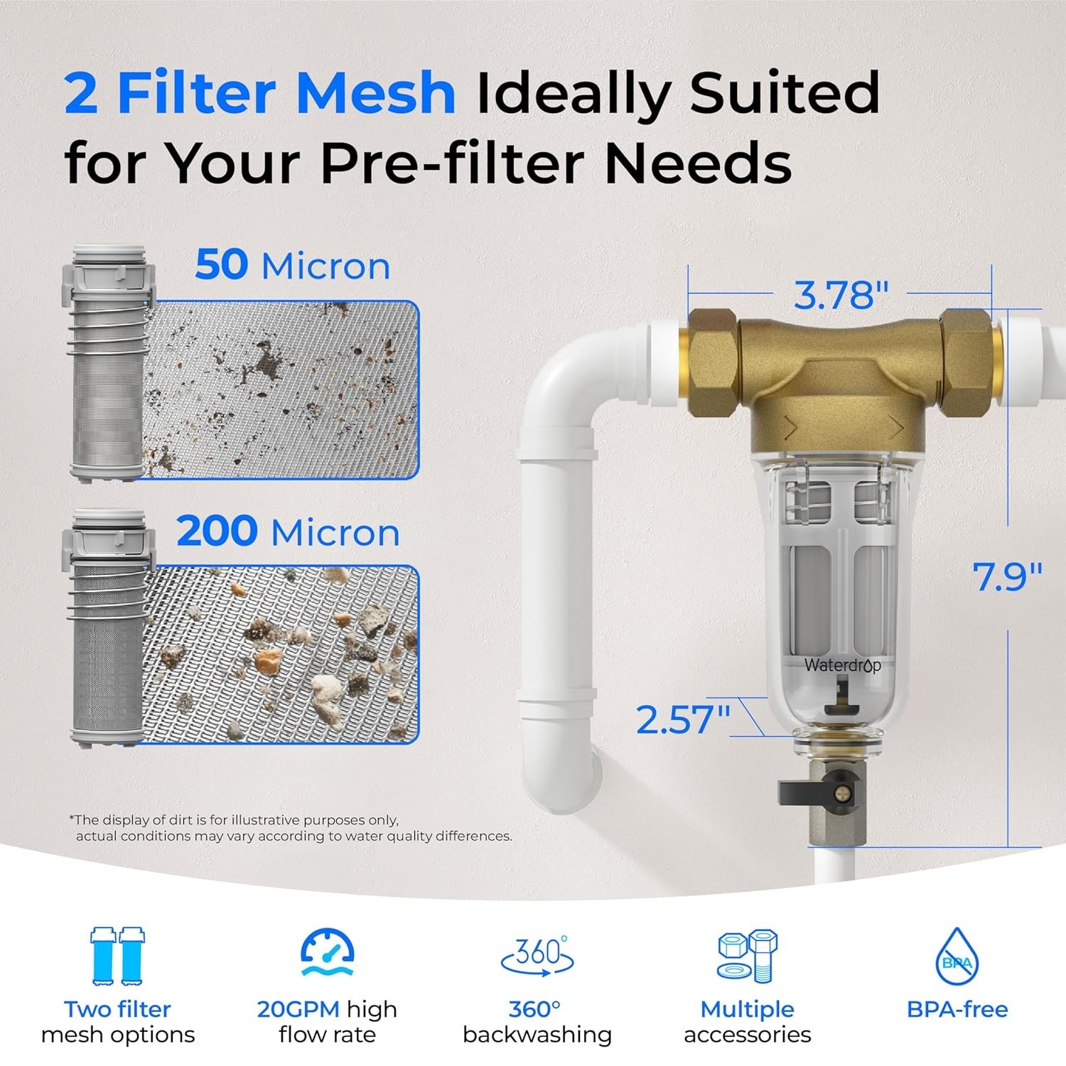 Waterdrop Spin Down Sediment Filter, Backwash Whole House System, 50μm+200μm