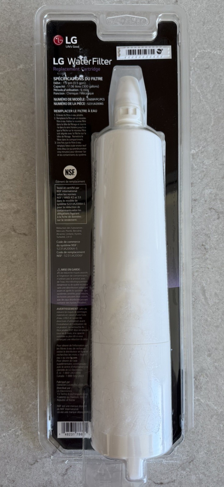 LG Water Filter Replacement Cartridge LT600P/5231JA2006F 300 Gallons 6 Months