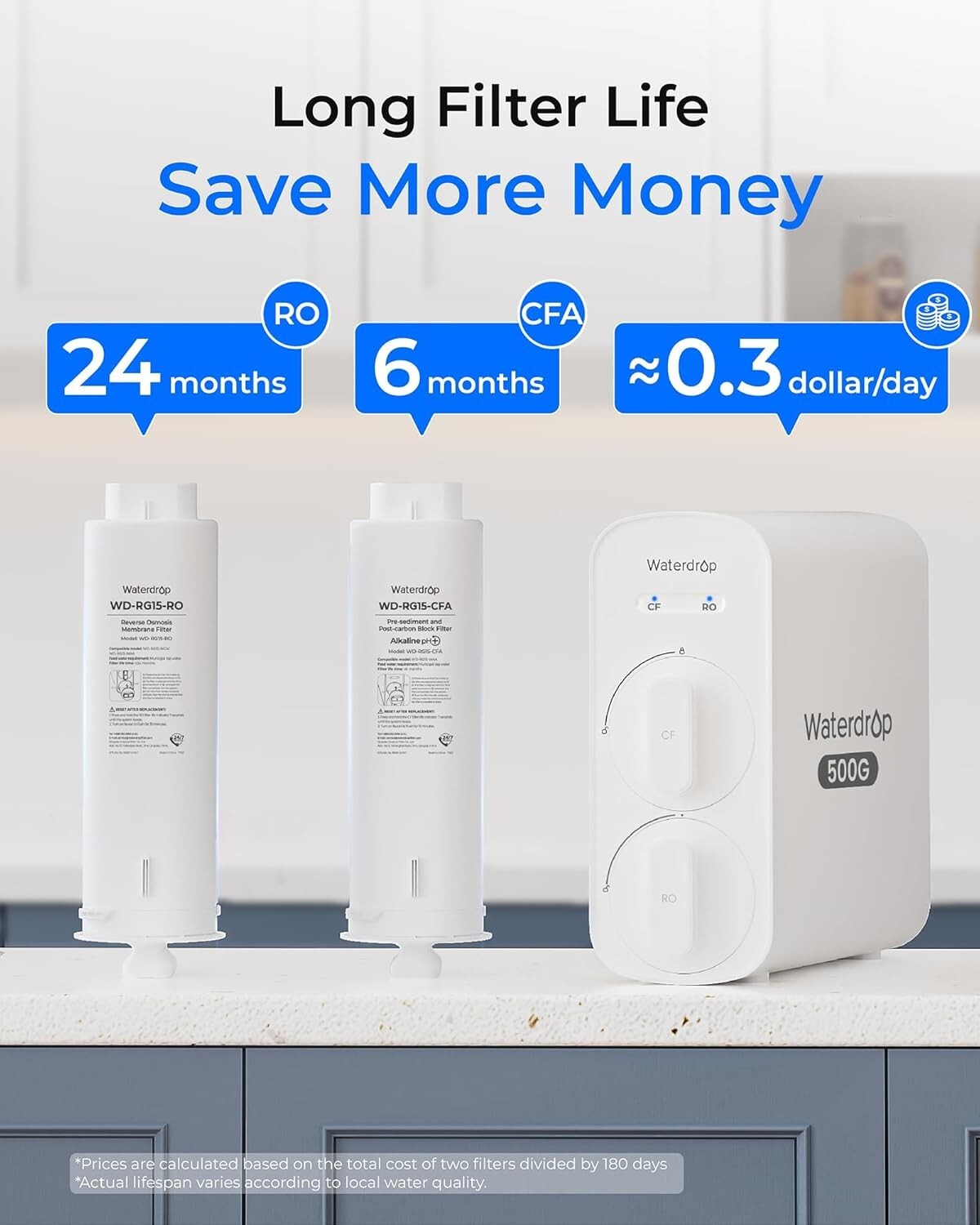 Waterdrop G5P500A Reverse Osmosis Water Filter, Extra with Blue Filter Pitcher