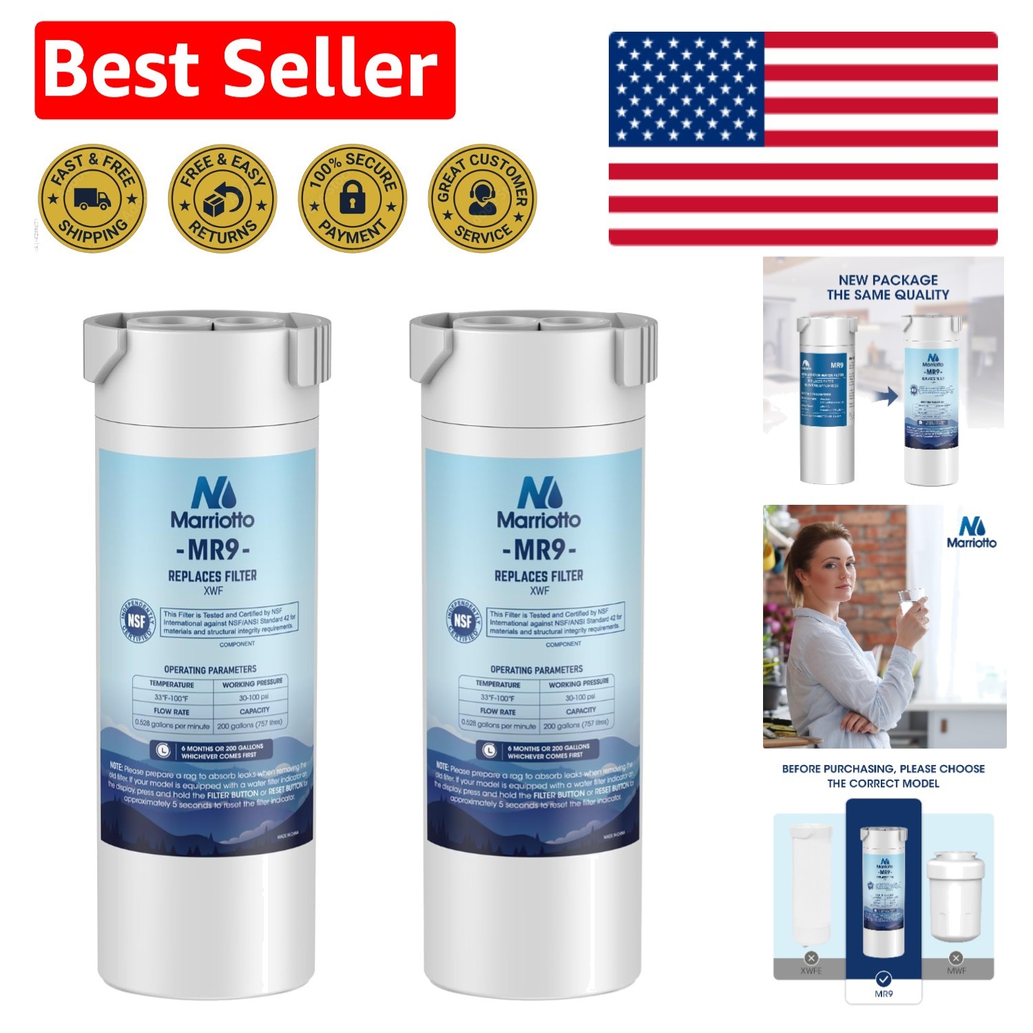 2-Pack XWF Water Filters Compatible with GE French-Door Models – Lead & BPA Free