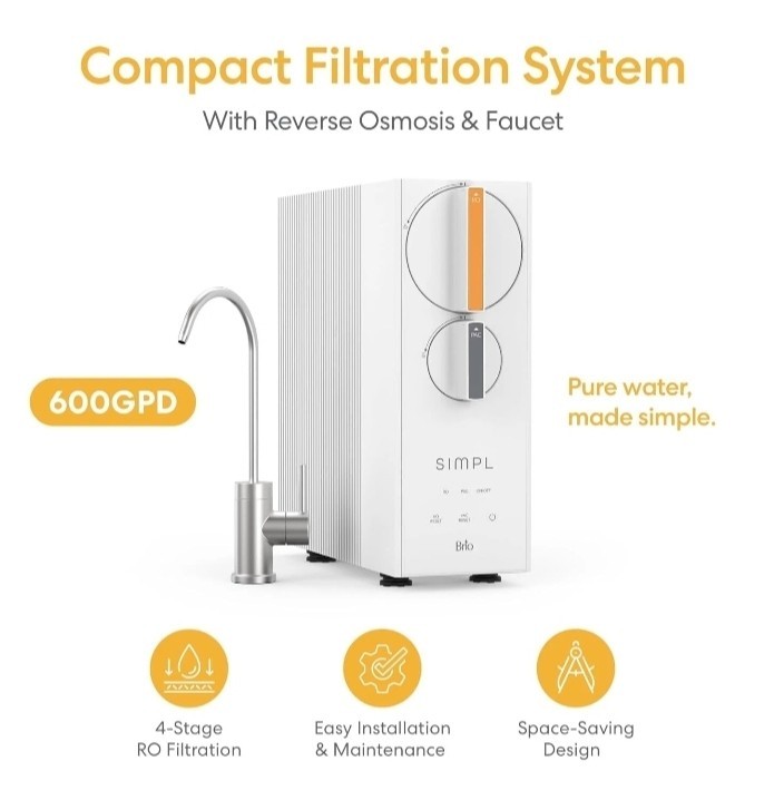 Brio SIMPL Reverse Osmosis Tankless Water Filter System 4-Stage | 600GPD No Filt