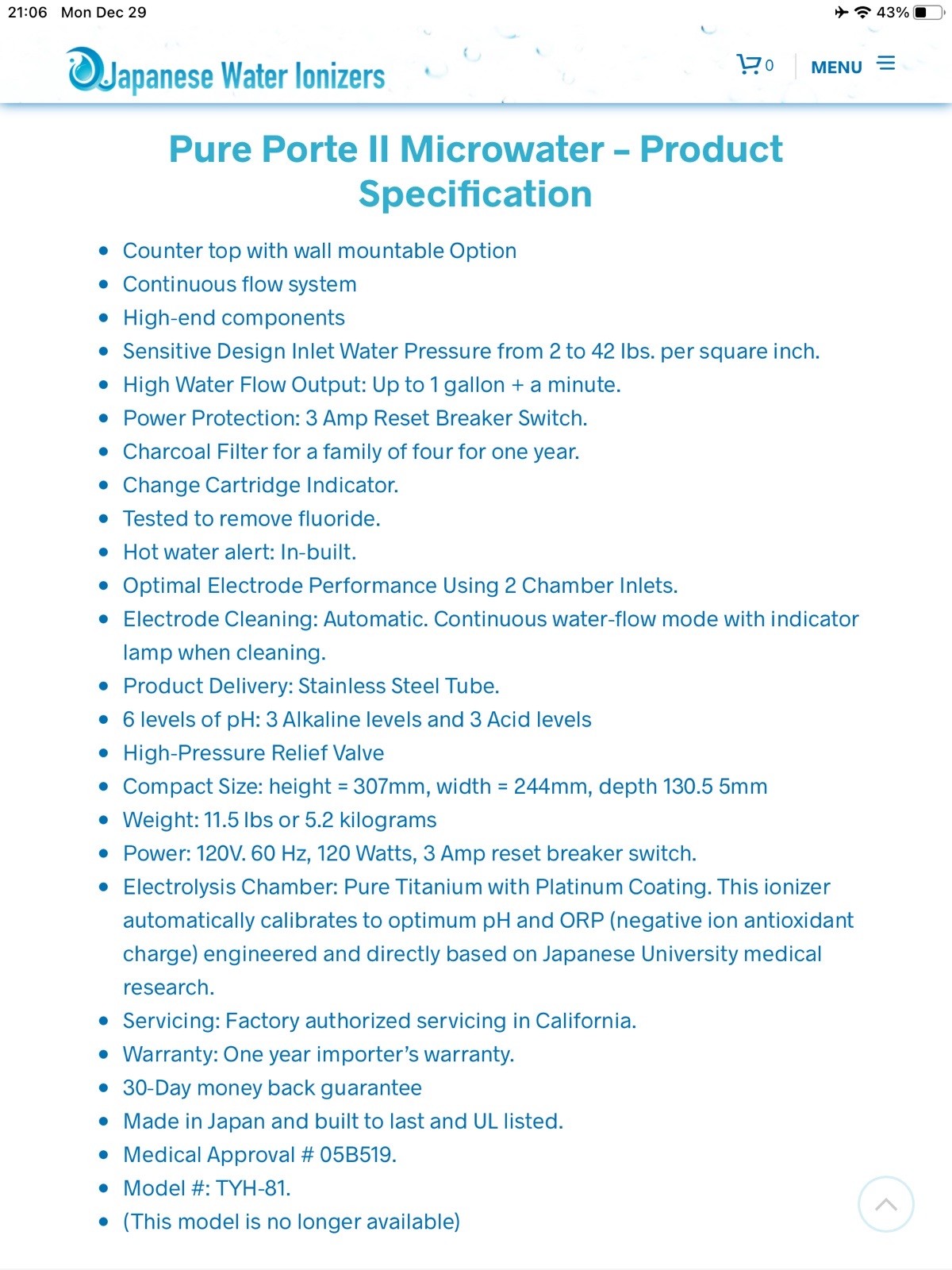 Toyo Pure Porte II Gold Water Ionizer TYH-81 from 2006 (now Leveluk)