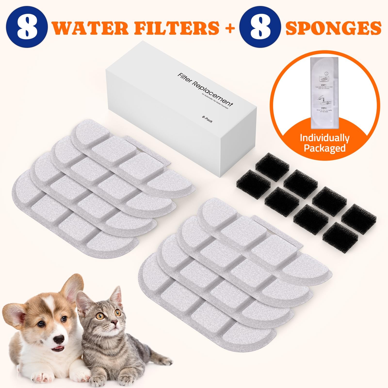 8 Packs Replacement Filters for WF008A Cat Water Fountain Multiple Filtration