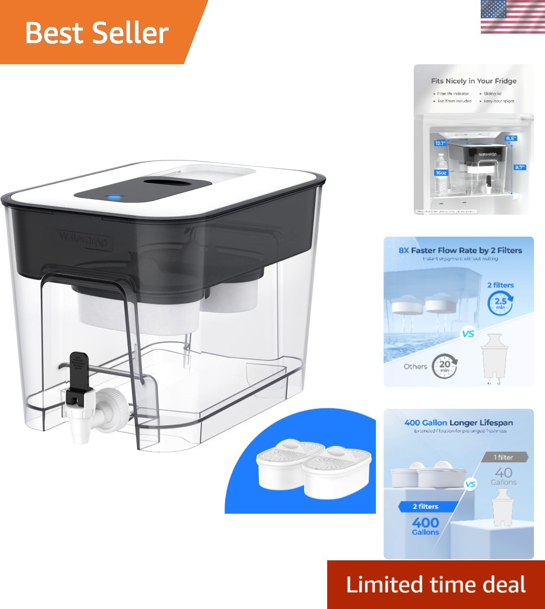 Innovative 40-Cup Water Purifier with 2 Built-In Filters – 400 Gallon Lifespan