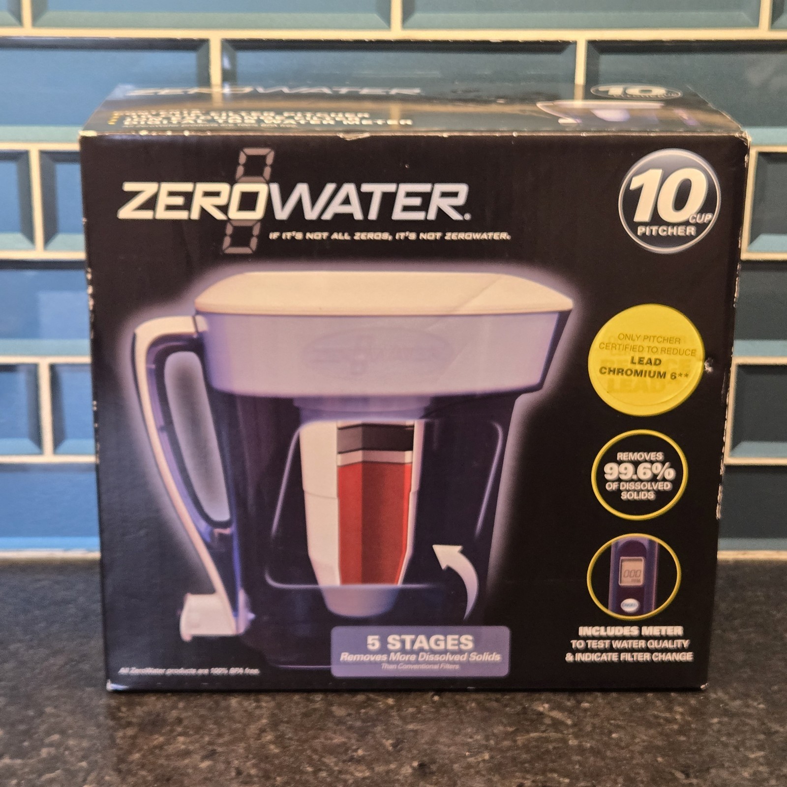 ZeroWater 10 Cup 5 Stage Water Filtration Pitcher Dispenser Water Meter & Filter
