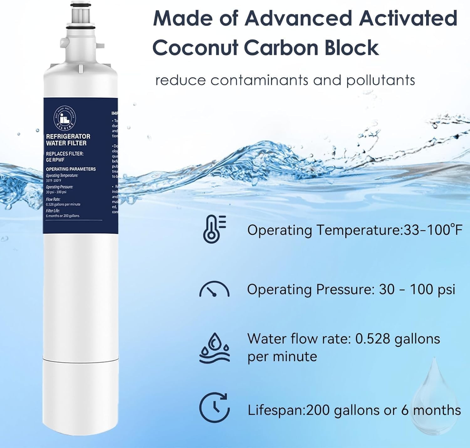 Refrigerator Water Filter, Replacement for GE RPWFE (no Chip), 2 pk