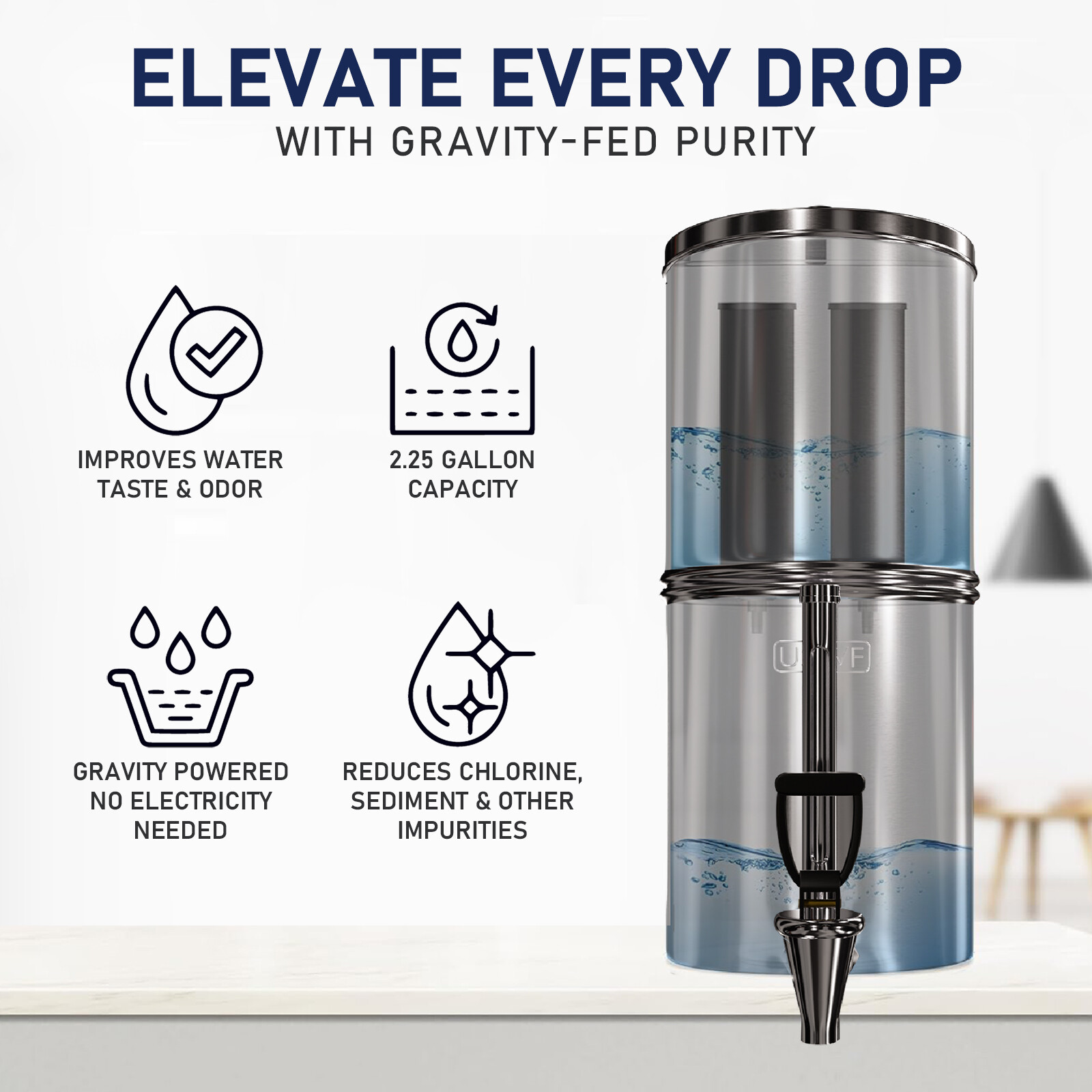 USWF Gravity Fed 2.25 Gal. Stainless Steel Water Filtration System