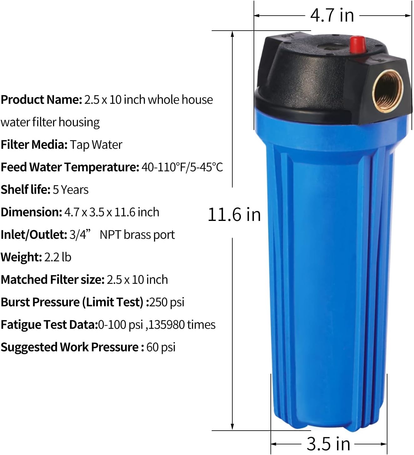 10-Inch Whole House Slim Water Filter Housing for 2.5″x10″Filter – 3/4″NPTBrass