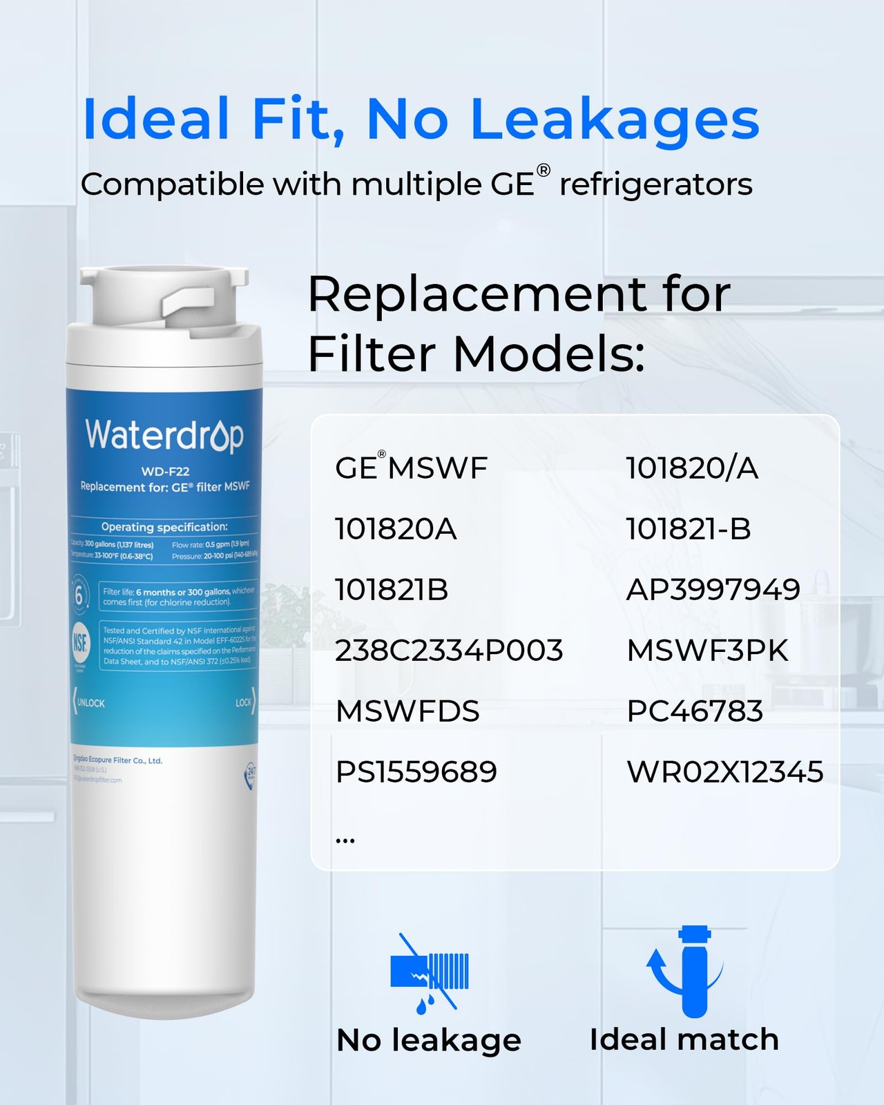 Waterdrop MSWF Refrigerator Water Filter Replacement for GE MSWF, 101820A, 101