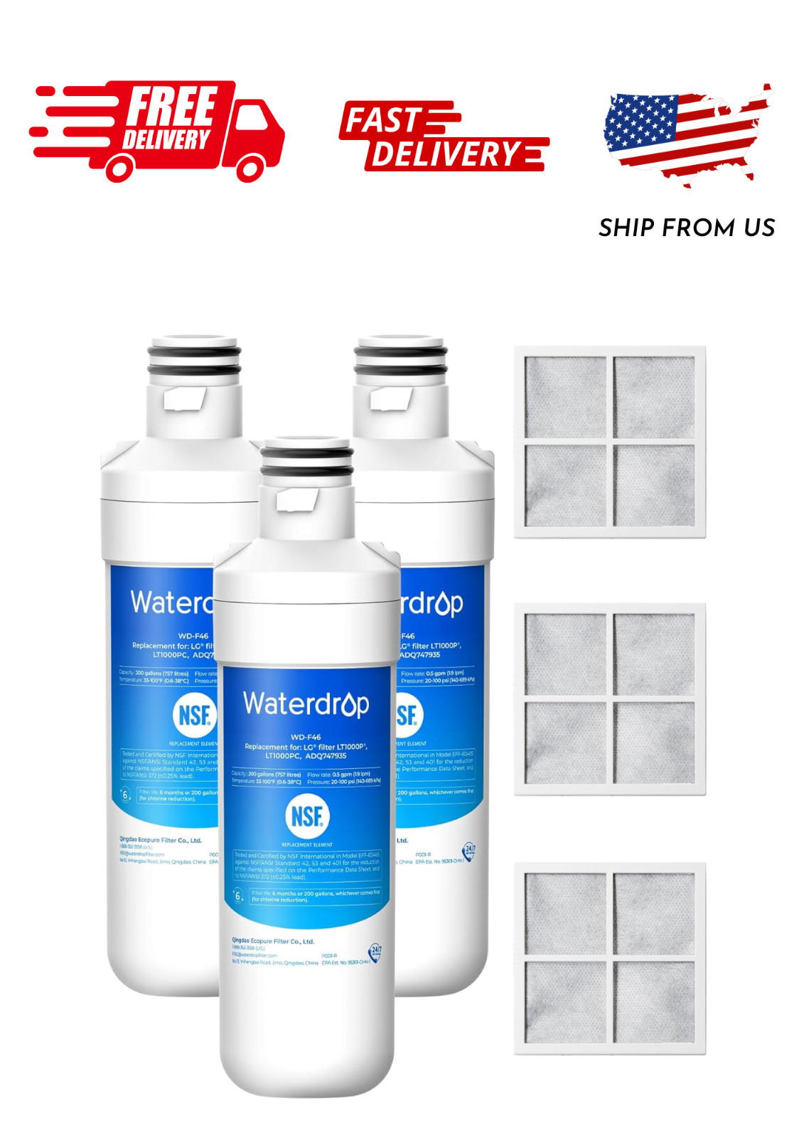 Waterdrop LT1000PC ADQ747935 Refrigerator Water Filter and Air Filter, Replaceme