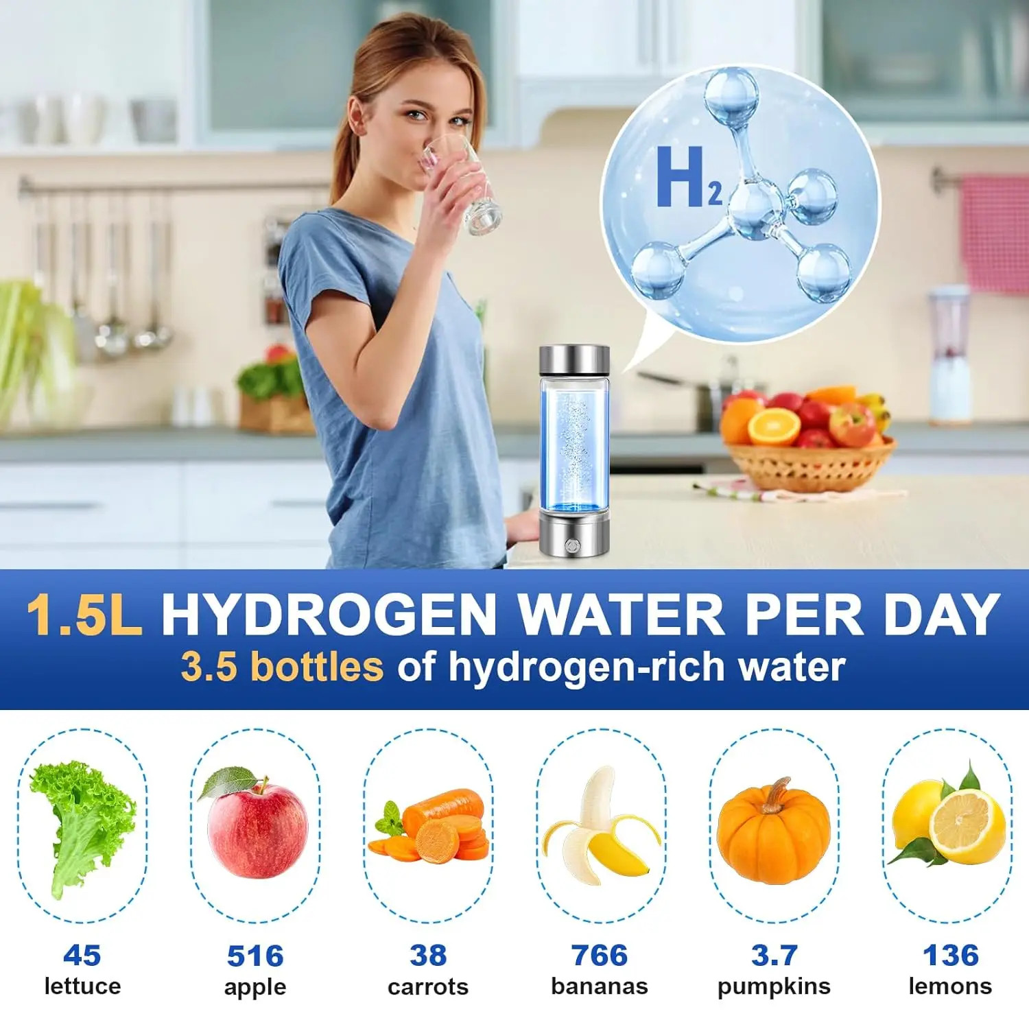 Hydrogen Rich Water Bottle Electric Generator Dual Chamber Cup US