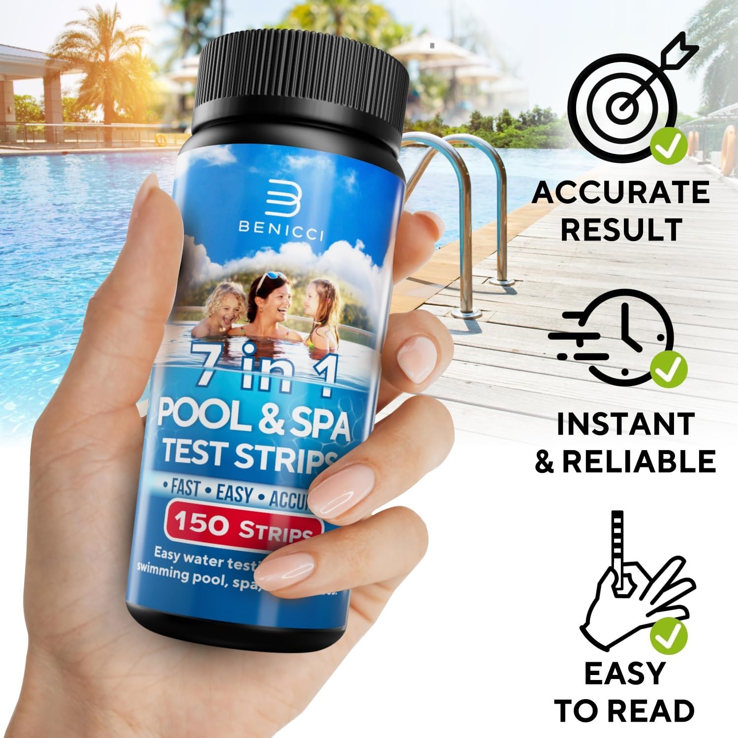 7-in-1 Accurate Pool Test Strips – 150 Hot Tub Spa Test Strips – Quick Pool Wate