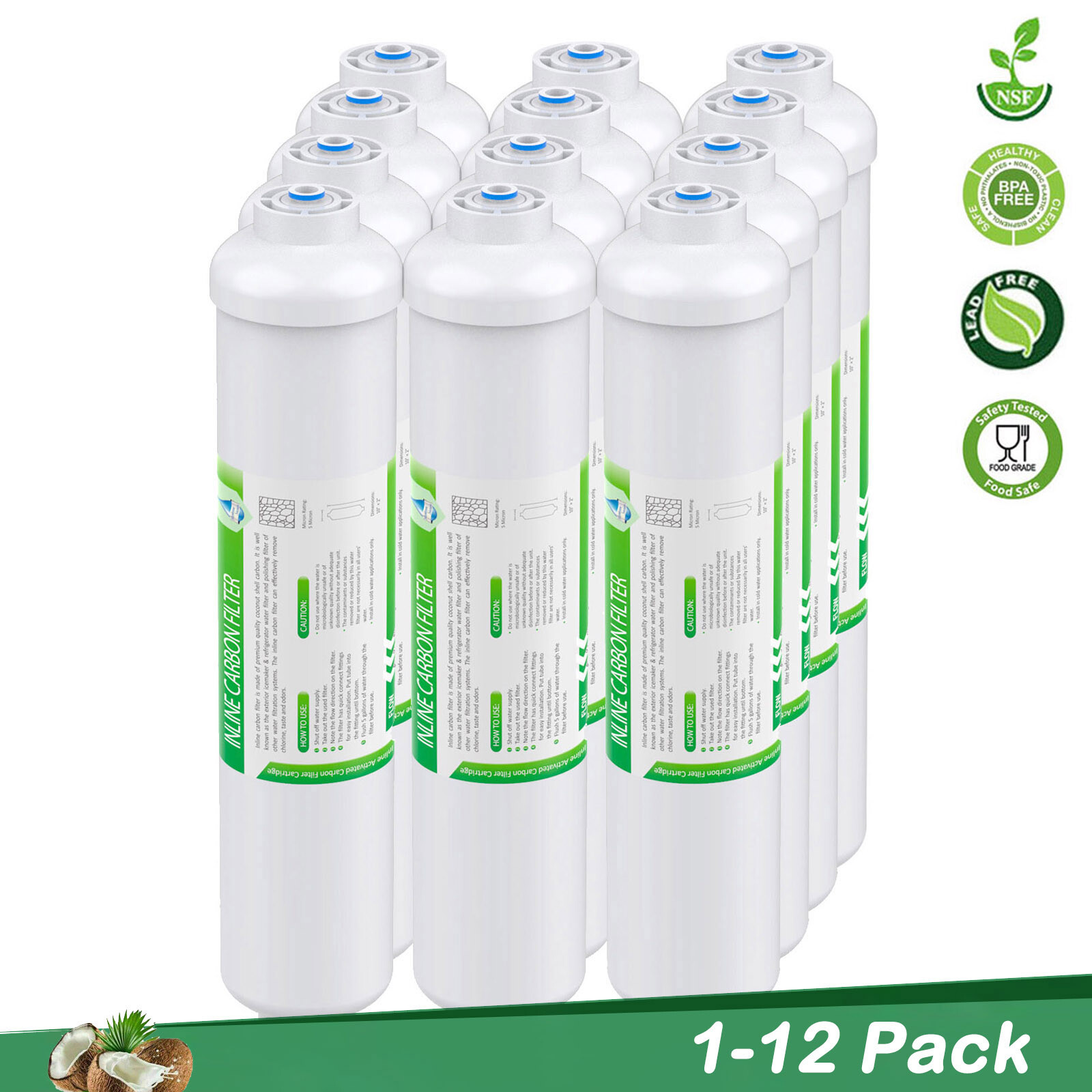 1-12 Pack 5-Stage RO Reverse Osmosis T33 Inline Post Carbon Water Filter 1/4″ QC