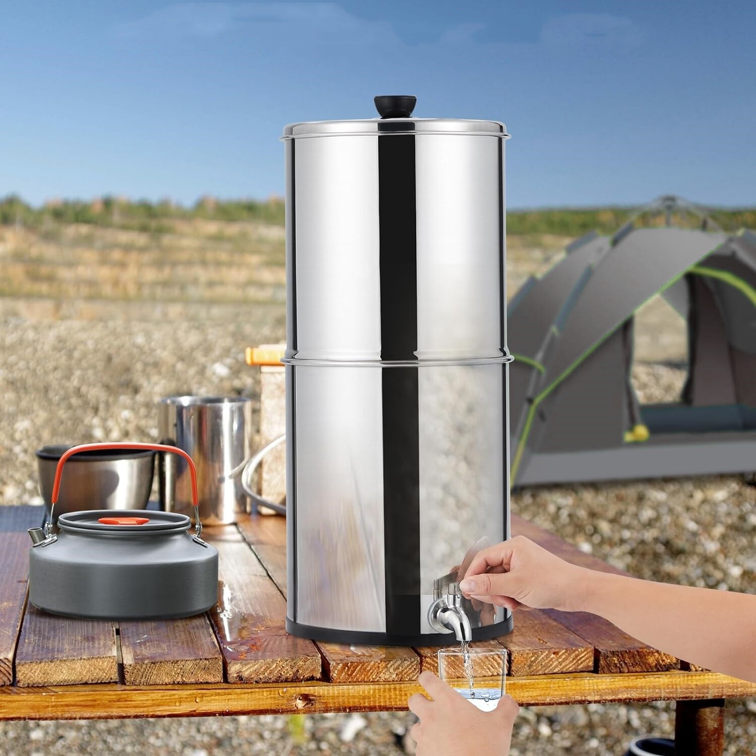 2.25G Gravity-fed Water Filter System Stainless Steel Countertop w/ Carbon Filte