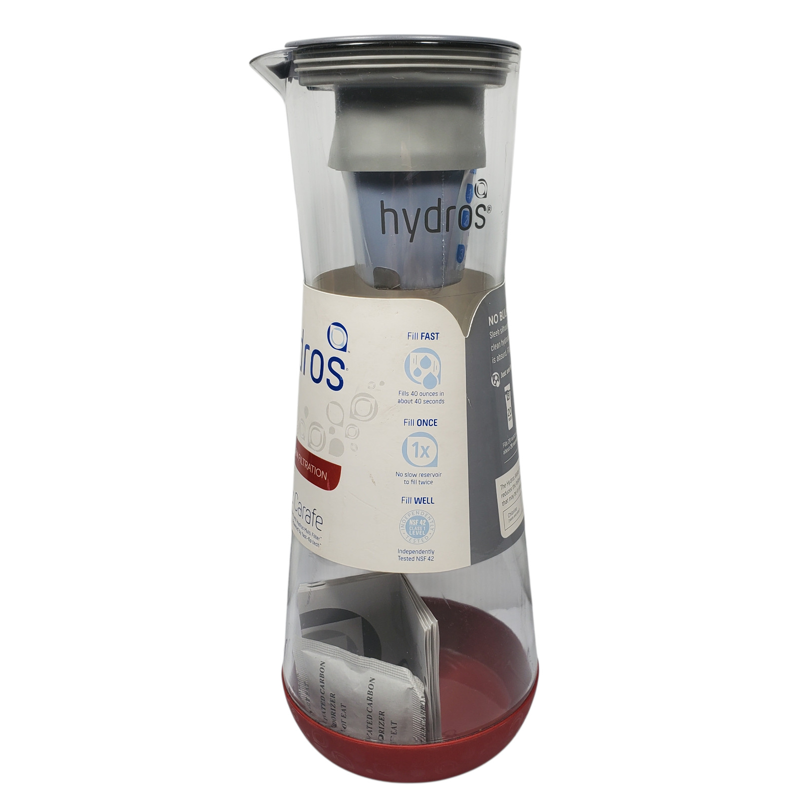 NEW Hydros Filtration Carafe 40oz C441 Clear Red Gray