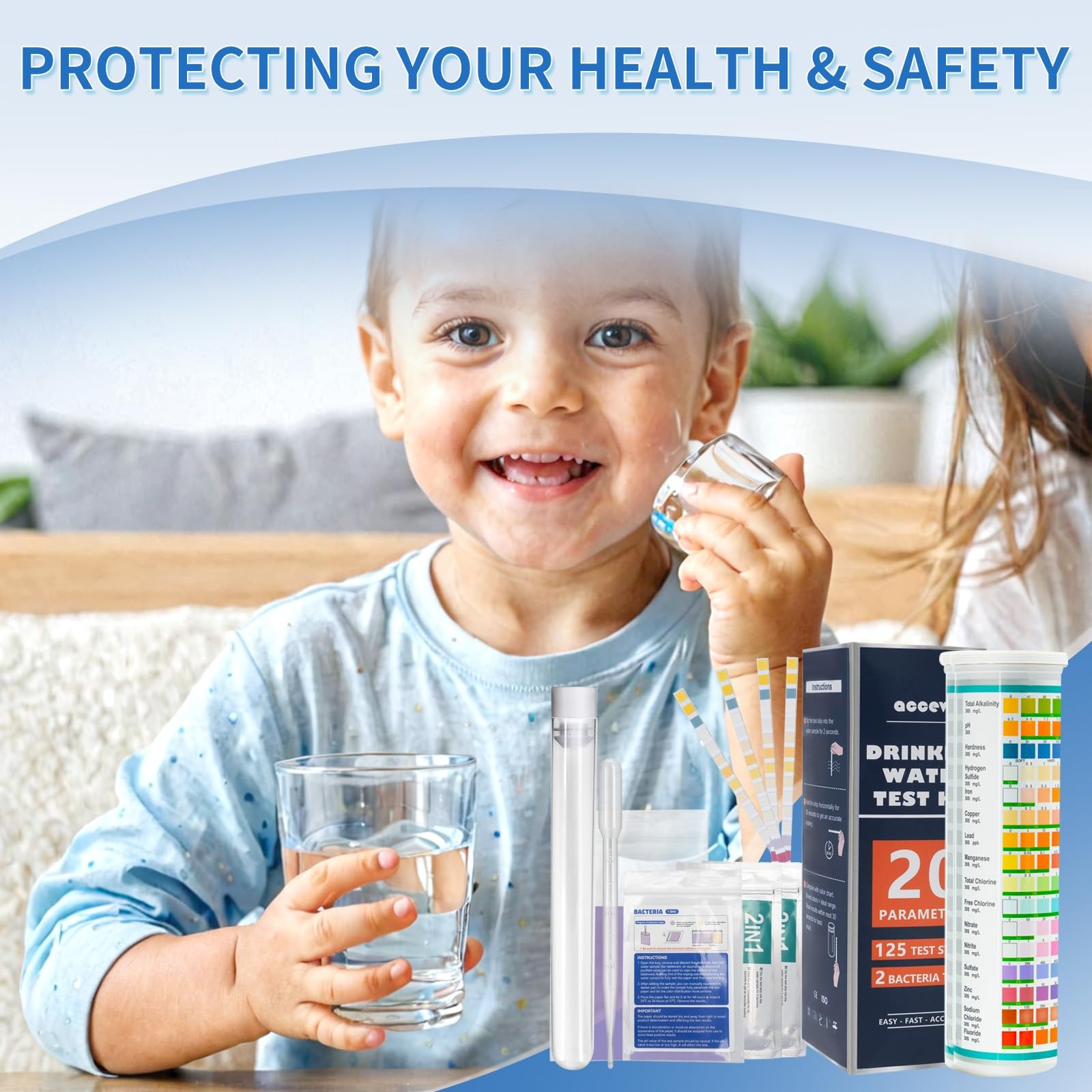 Accevo 20 in 1 Complete Drinking Water Test Kits, 125 Strips-Well, Tap, Blue