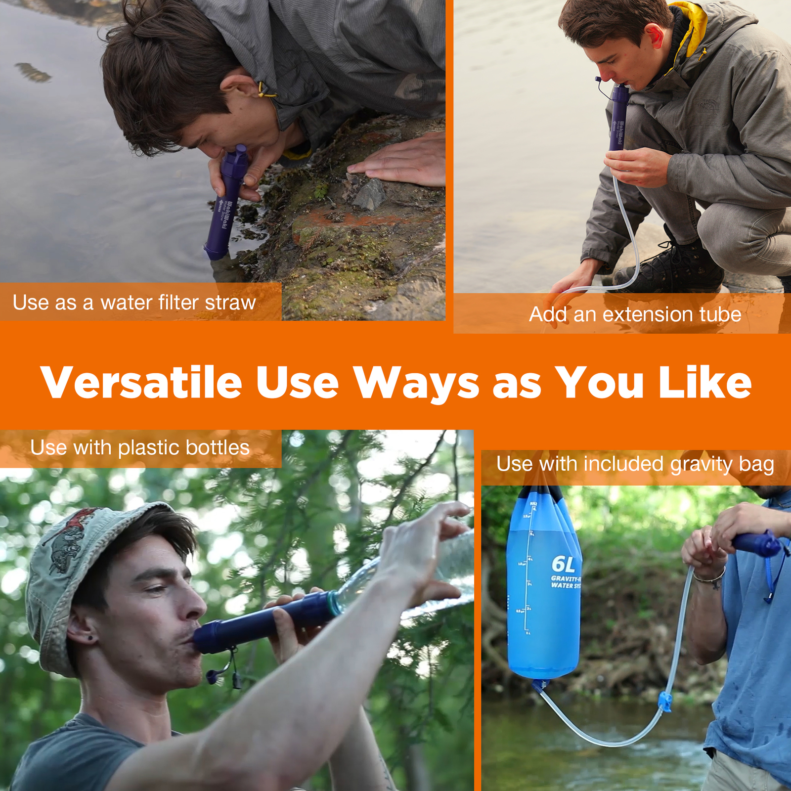 6L Gravity Water Filter Straw Bag Drinking Purifier Outdoor Camping Emergency