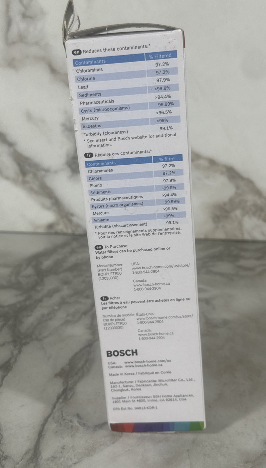 1 PACK Bosch Ultra Clarity Pro BORPLFTR50 Water Filter White #WFS200MF/WFS210MF